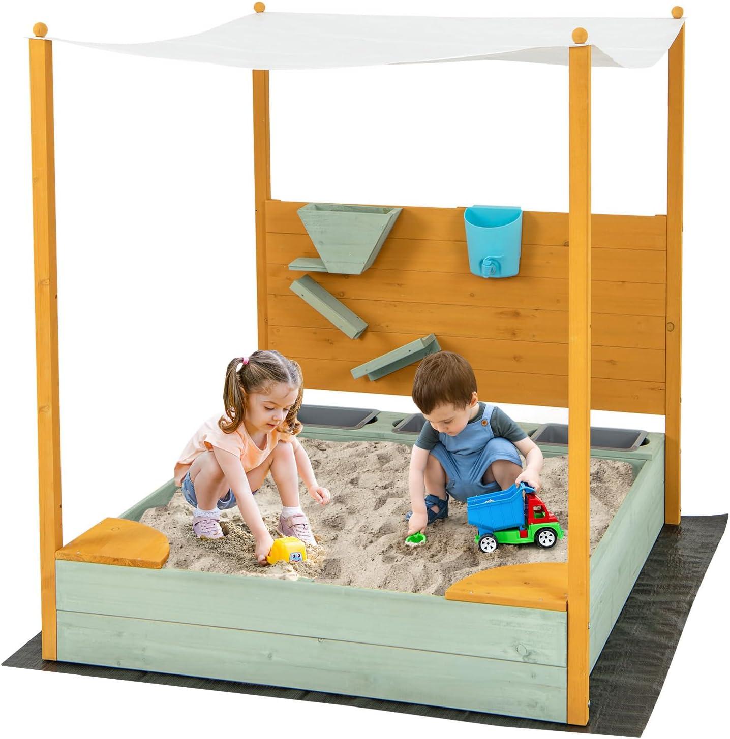 CIPACHO Kids Sandbox with Sand Wall w/ Removable Canopy for Kids 3-8, Kids Wooden Sandbox with Cover for Backyard Garden, Kids Outdoor Play Equipment