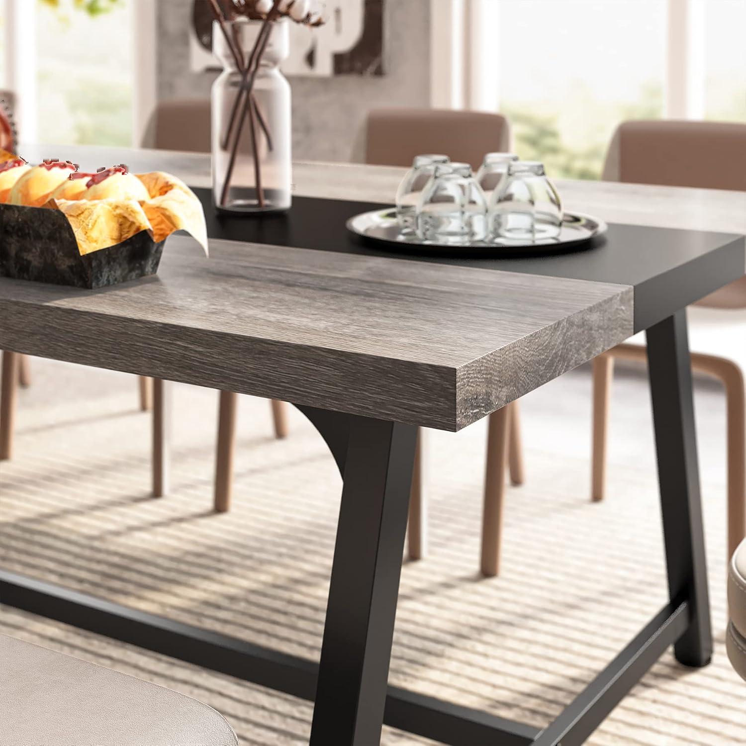 Gray and Black Rectangular Wood Dining Table with Metal Frame for 8