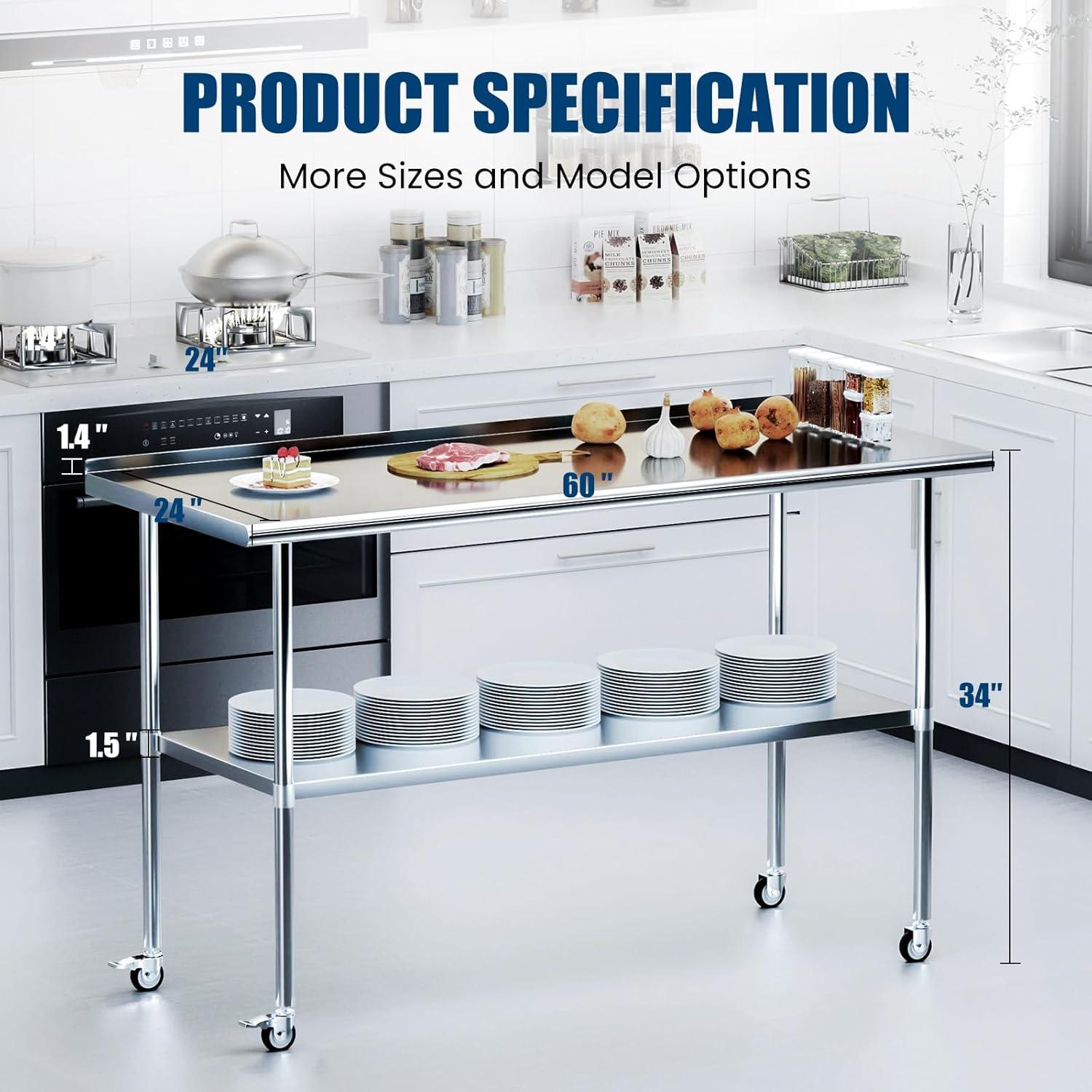 AmGood 60" Long x 24" Deep Stainless Steel Work Table With Open Base and Wheels | Mobile Metal Table