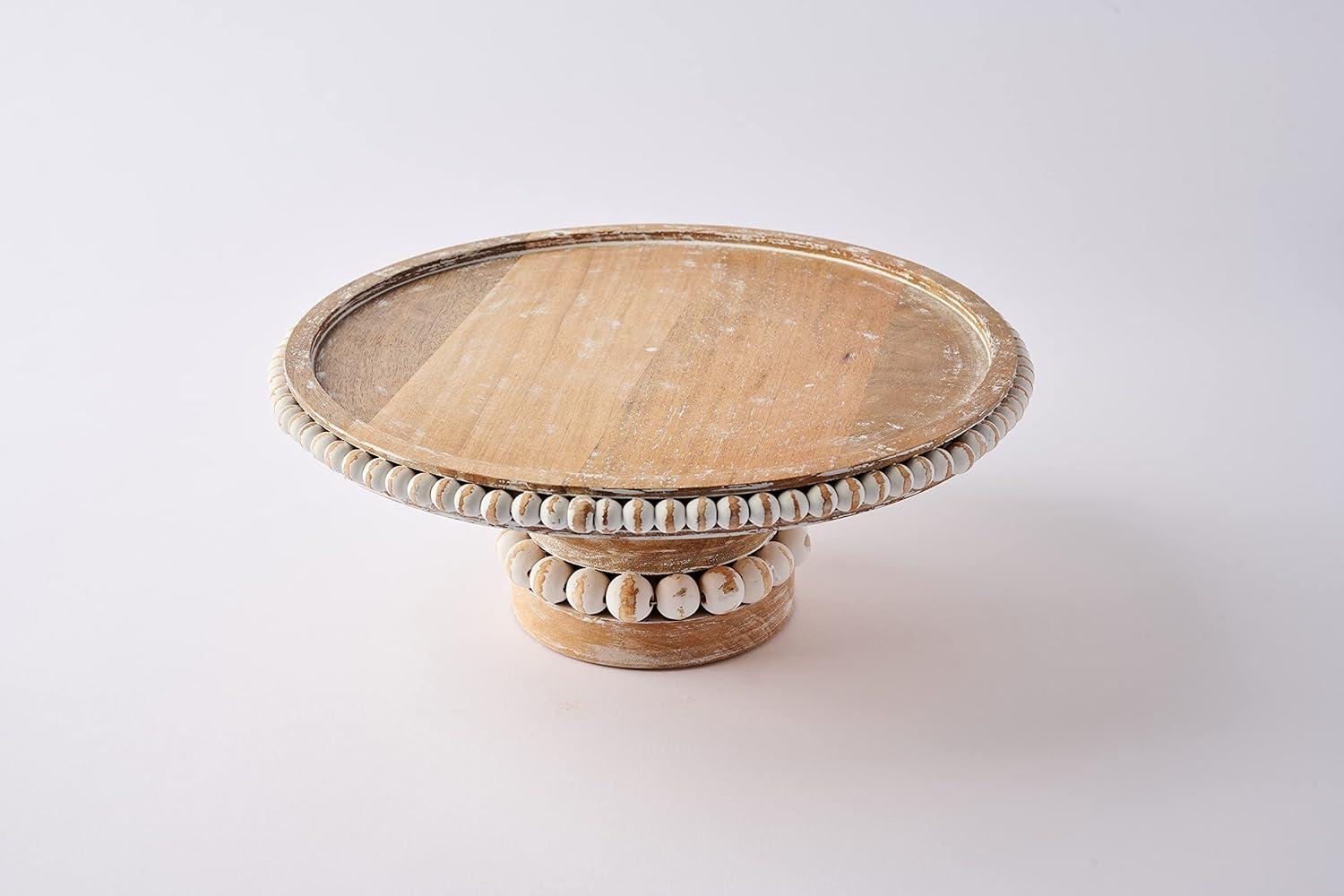 Whitewashed Beaded Mango Wood Pedestal Cake Stand Set