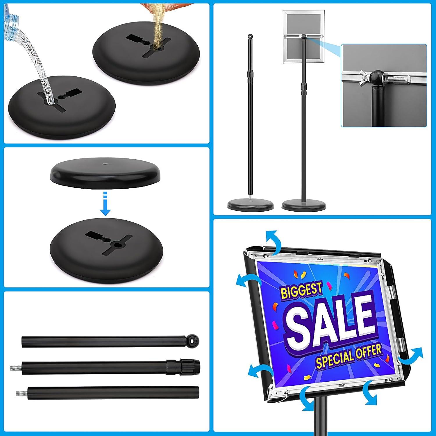 Adjustable Sign Holder Stand 8.5x11 inch,Pedestal Floor Signage Standing Holder with Heavy Duty Base, Aluminum Snap Open Frame Display for Business Restaurant, Mall,Schools-1 Pack