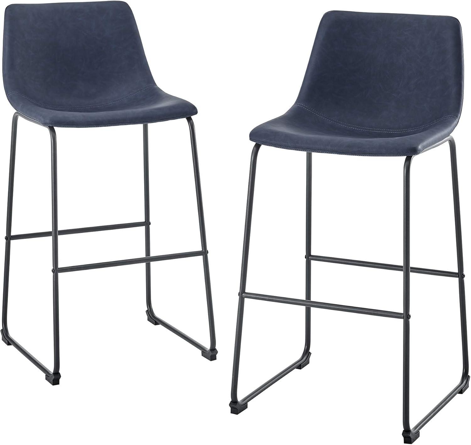 Walker Edison Douglas Urban Industrial Faux Leather Armless Bar Chairs, Set of 2, Navy Blue