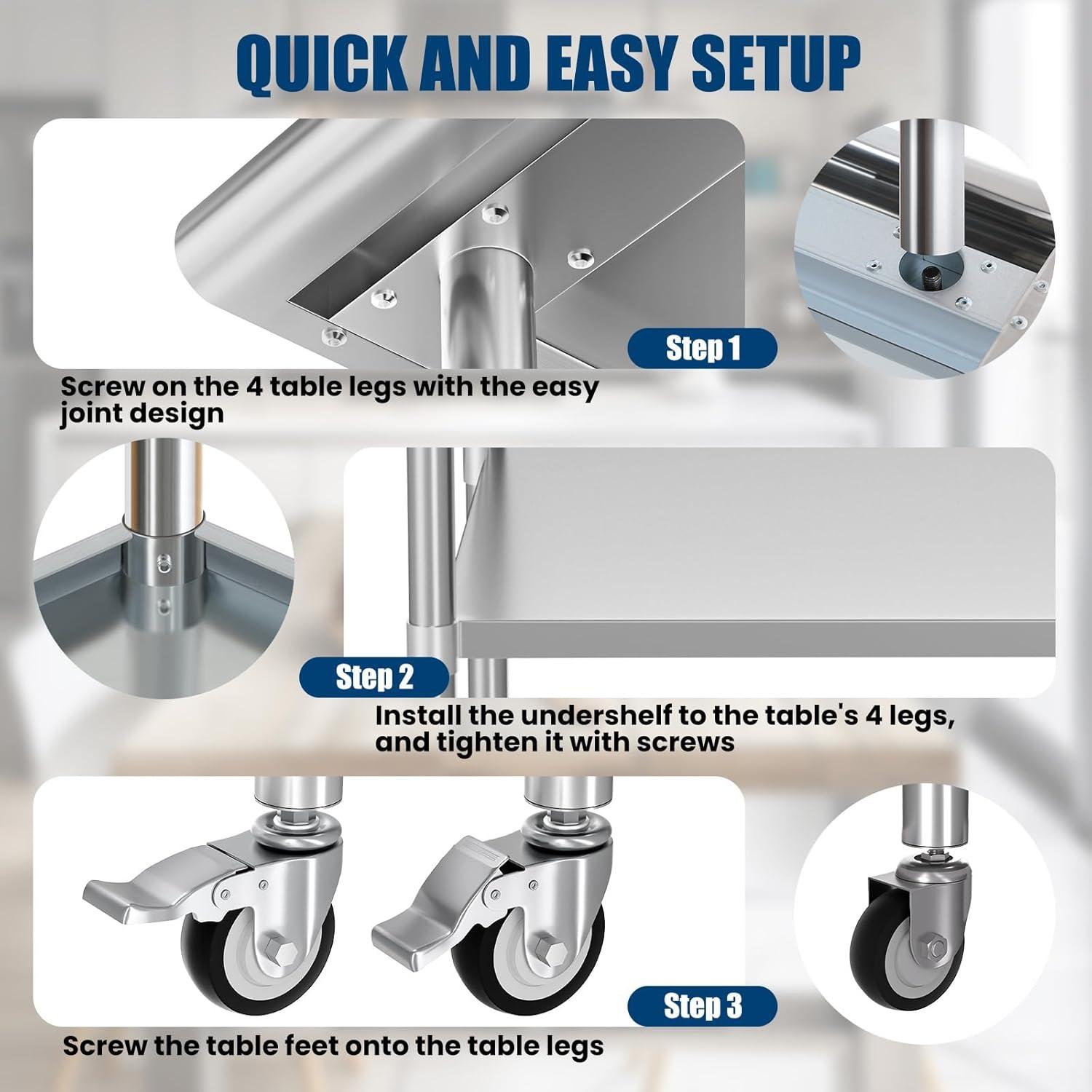 Heavy Duty Stainless Steel Kitchen Prep Table with Adjustable Undershelf and Wheels