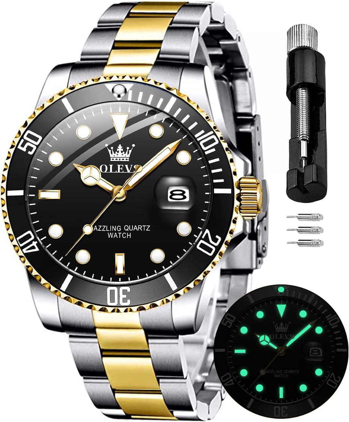 OLEVS Men Watch,Big Dial Watches for Men Stainless Steel Watch with Day Waterproof Analog Quartz Watches for Man Classic Business Wristwatch Luxury Luminous Round for Men Rotatable Bezel Watch