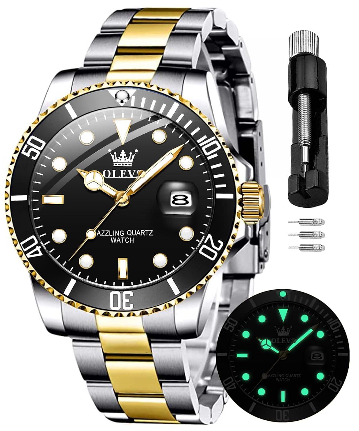 OLEVS Men Watch,Big Dial Watches for Men Stainless Steel Watch with Day Waterproof Analog Quartz Watches for Man Classic Business Wristwatch Luxury Luminous Round for Men Rotatable Bezel Watch