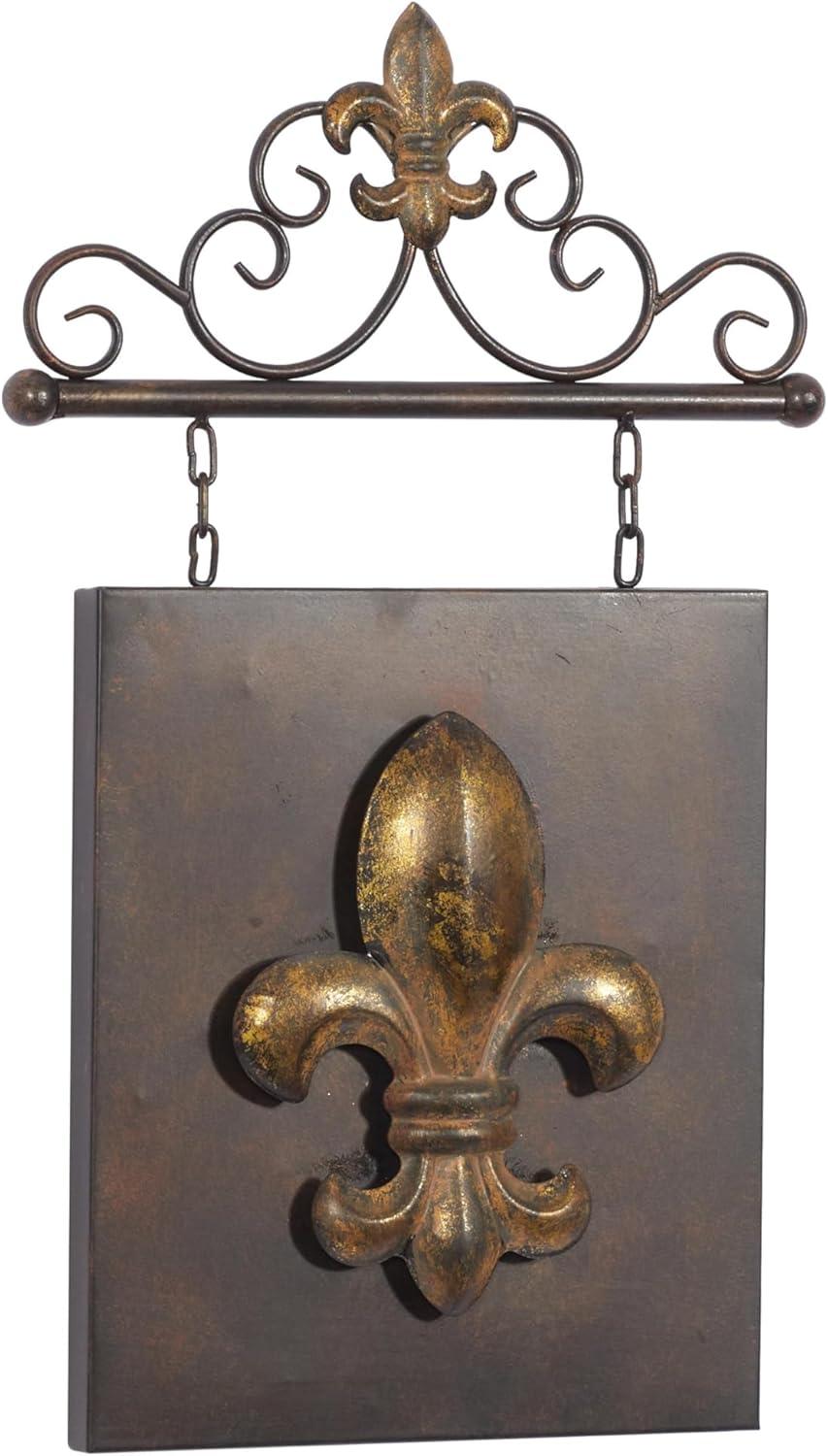 DecMode Bronze Metal Suspended Fleur De Lis Wall Decor with Scrollwork Hanger