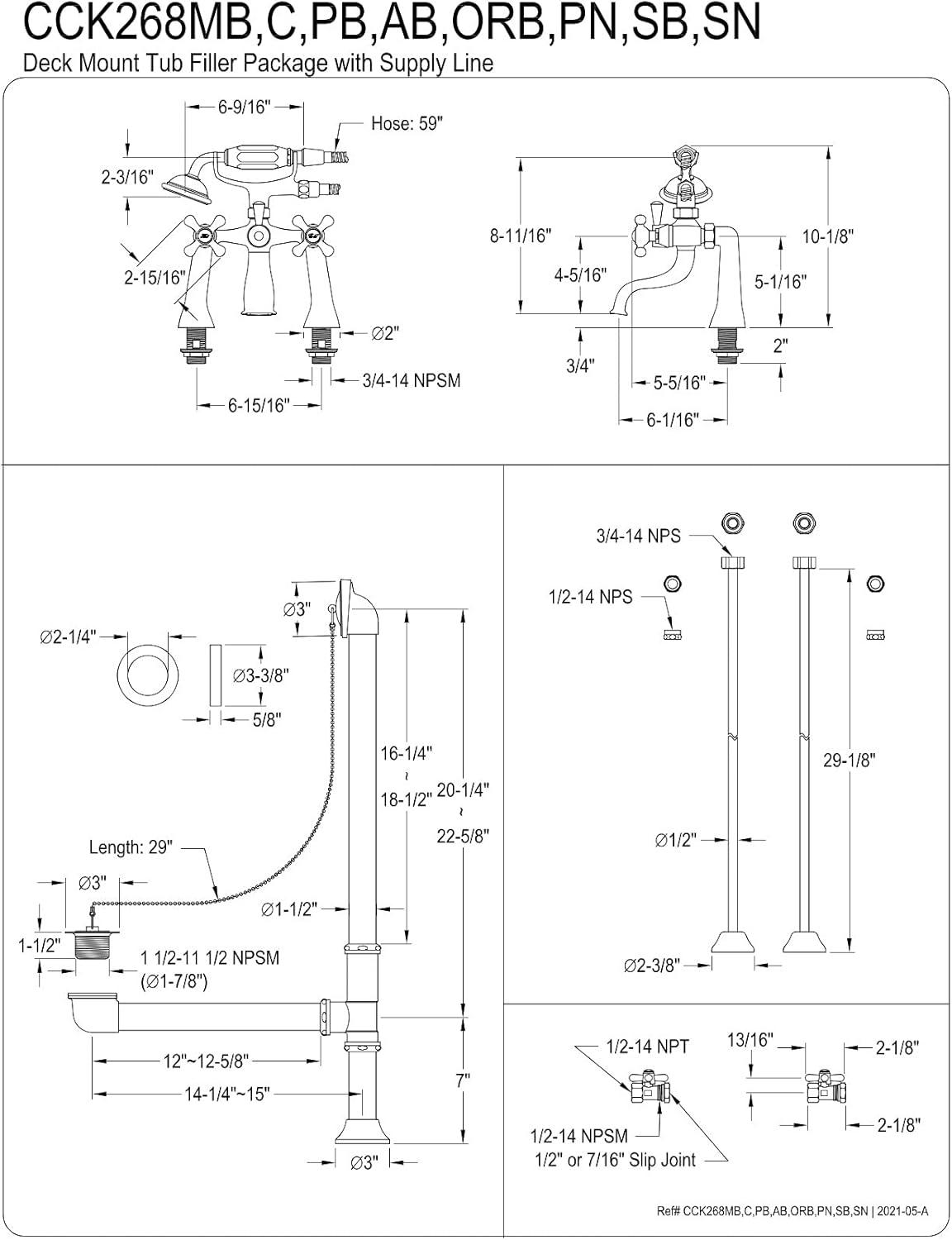 Kingston Brass Vintage Two-Handle 2-Hole Deck Mount Clawfoot Tub Faucet Package with Supply Line, Hand Shower and Tub Drain