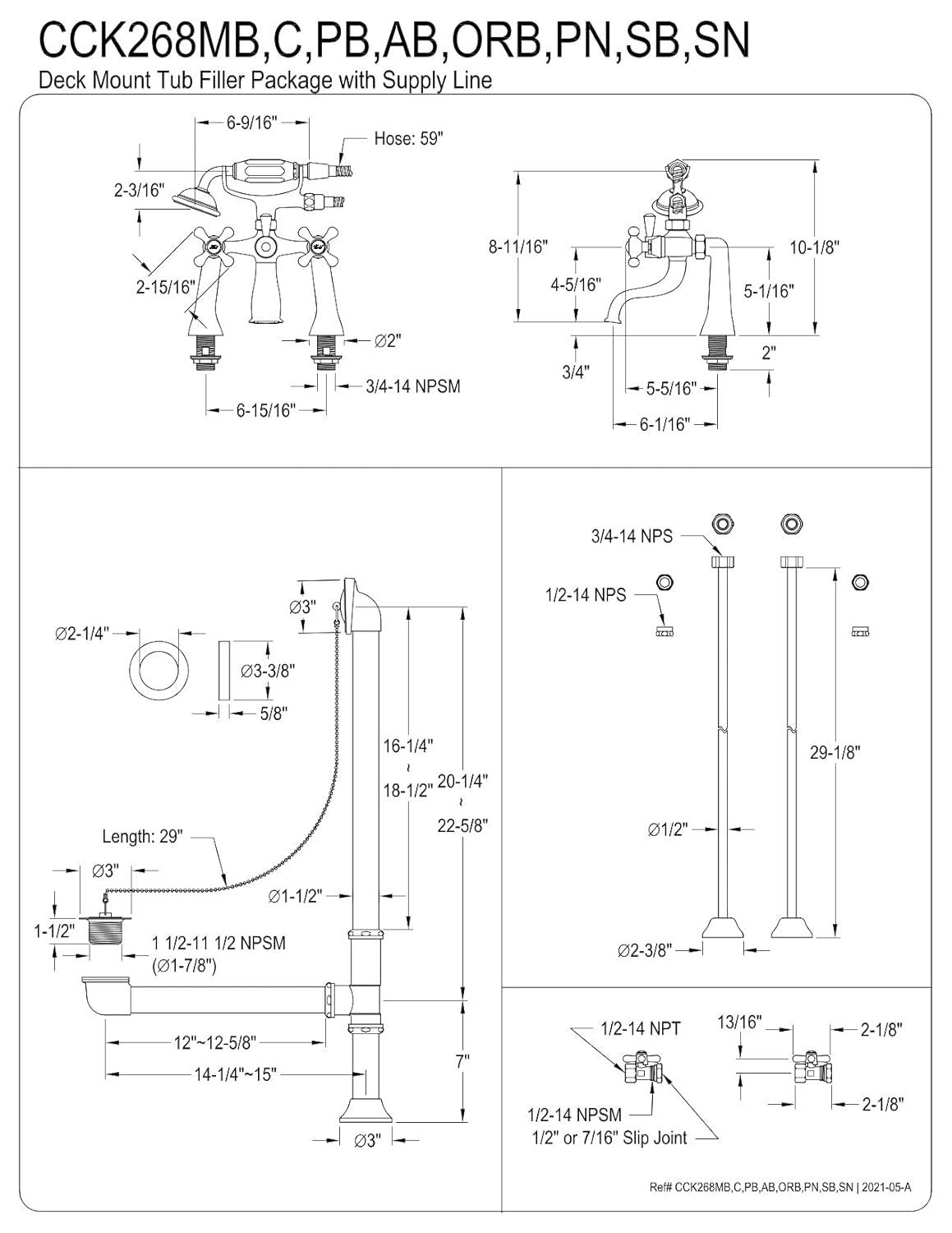 Kingston Brass Vintage Two-Handle 2-Hole Deck Mount Clawfoot Tub Faucet Package with Supply Line, Hand Shower and Tub Drain