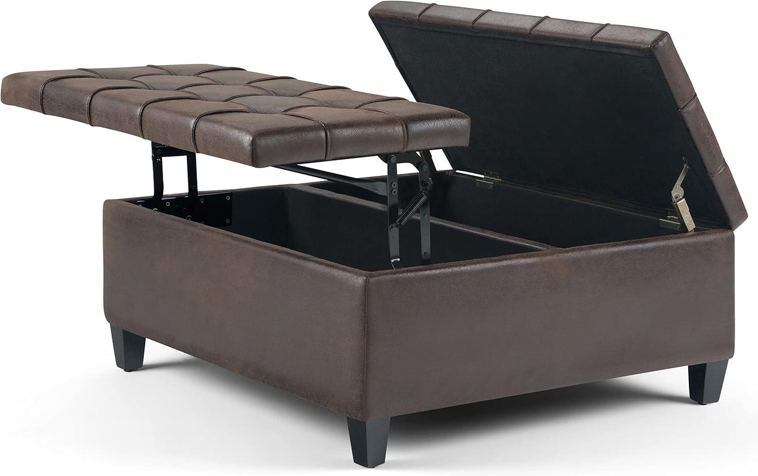 Brown Tufted Faux Leather Lift-Top Cocktail Ottoman