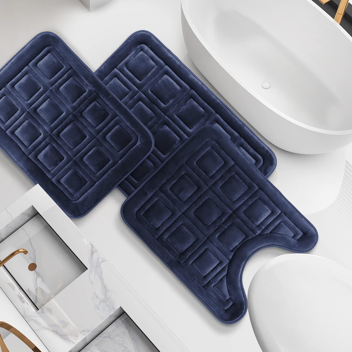 Navy Blue Velvet Memory Foam 3-Piece Bath Rug Set