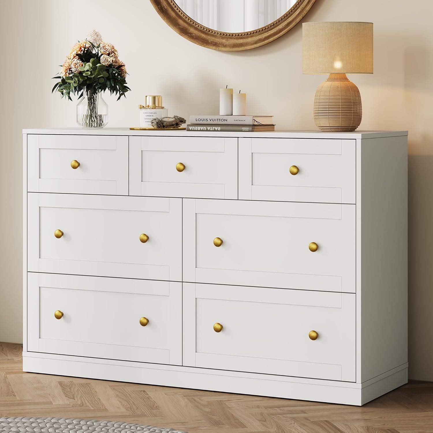 RoyalCraft White Fluted 6 Drawer Dresser for Bedroom, Modern Chest of Drawers, Wood Dresser for Storage Clothes, Wooden Storage Cabinet for Bedroom, Hallway, Living Room, Entryway