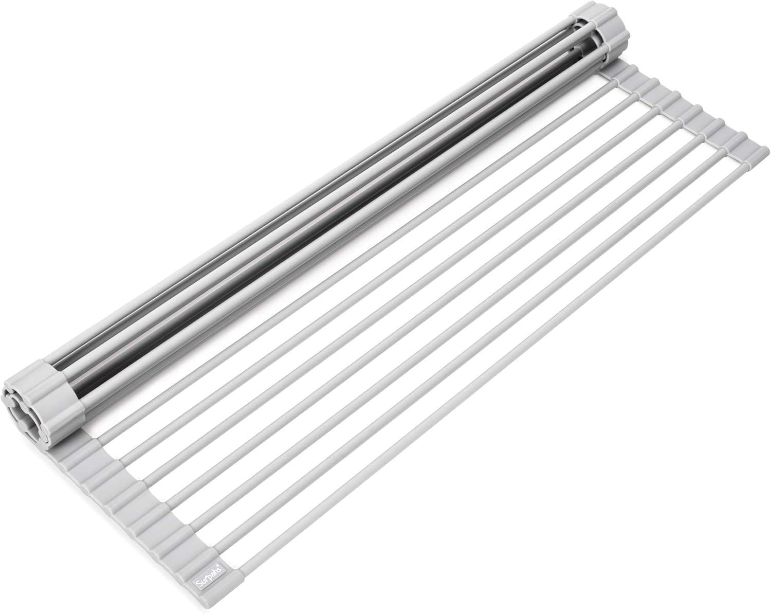 Warm Gray Silicone Wrapped Stainless Steel Roll-Up Dish Drying Rack