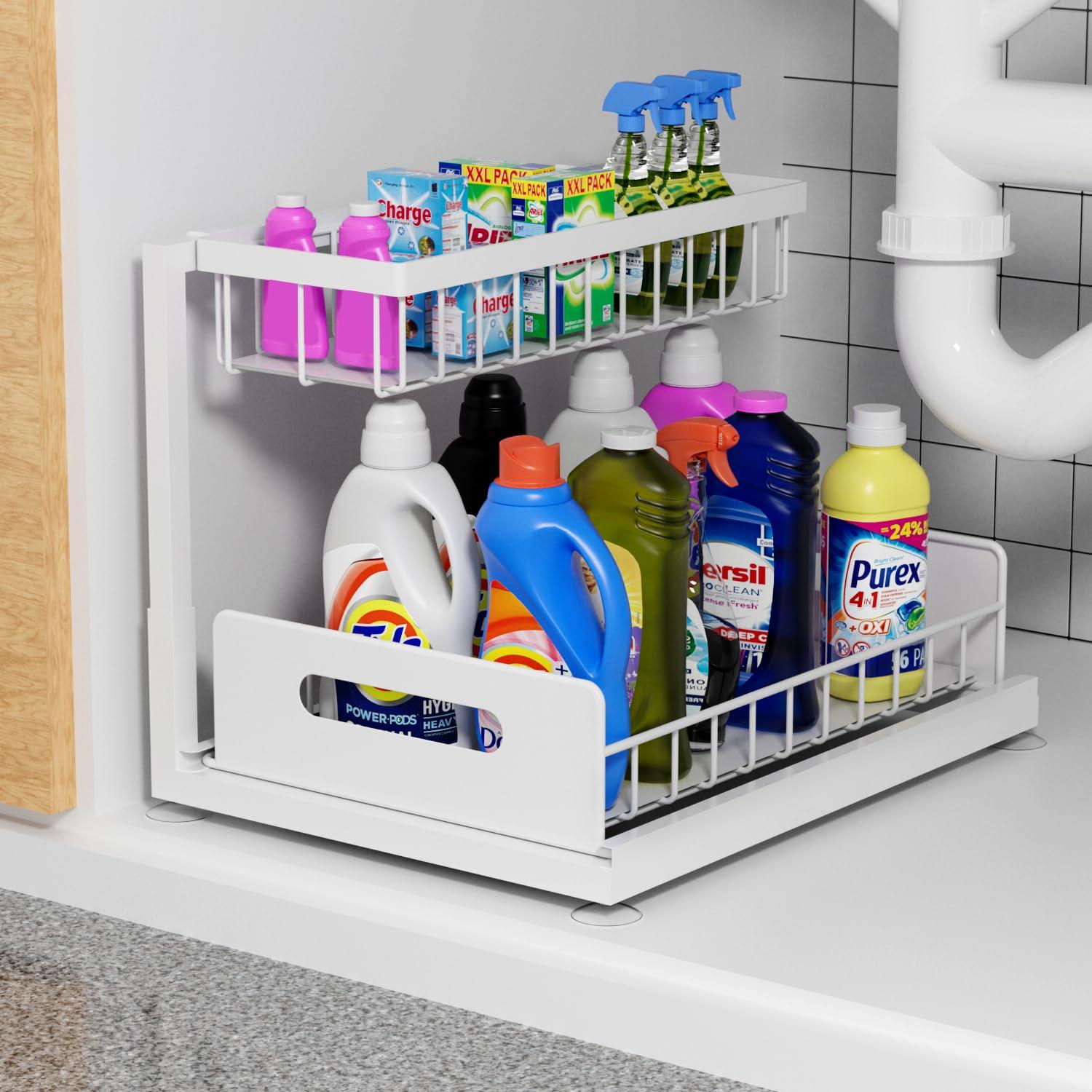 2-Tier Under Sink Slide Out Organizer, Pull Out Cabinet Storage Shelf with Sliding Wire Basket Drawer for Bathroom Kitchen, Countertop or Pantry Shelf, White