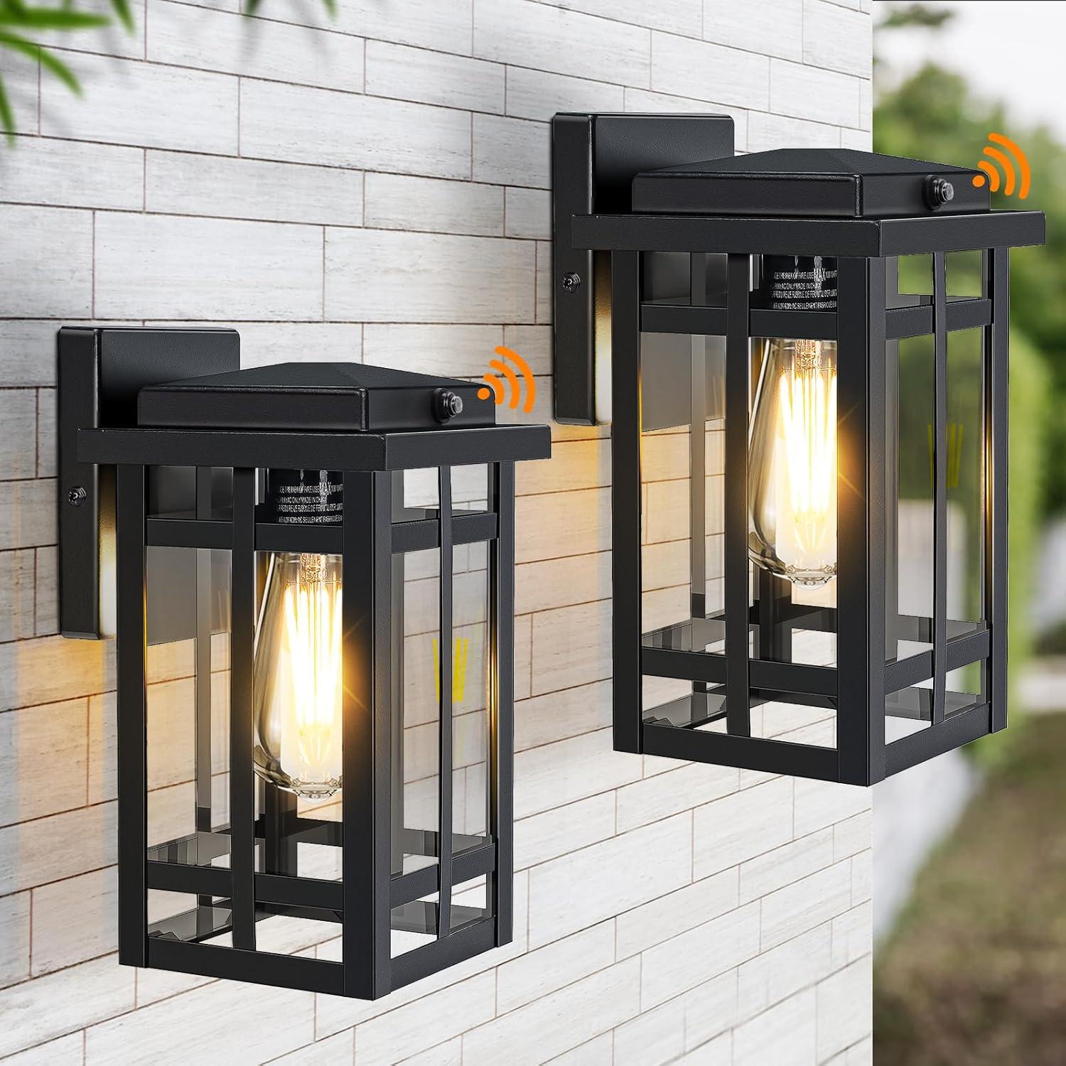 Black Modern Outdoor Wall Lanterns with Tempered Glass Shade, 9.76''