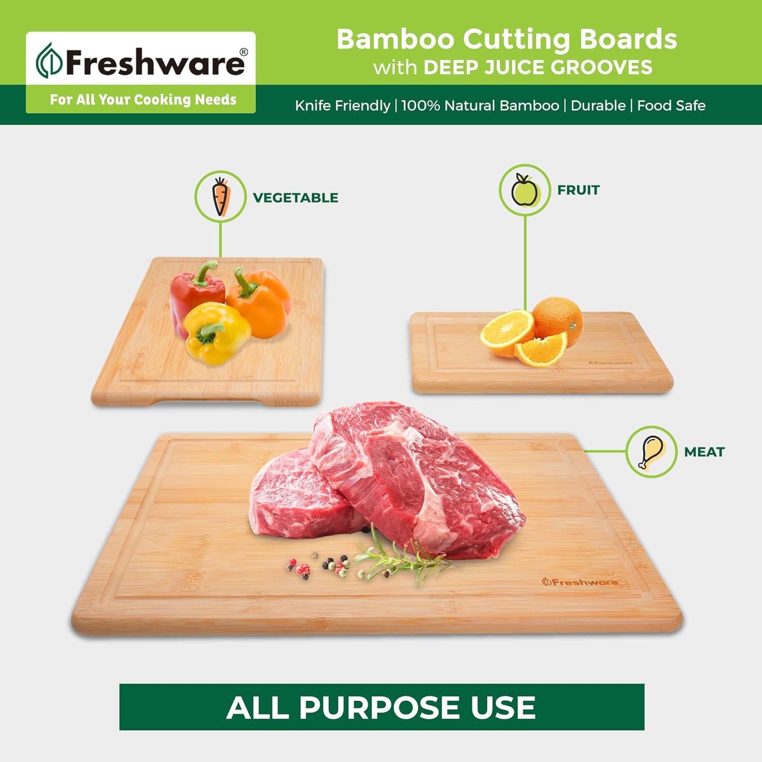 Bamboo Cutting Boards for Kitchen [Set of 3] Wood Cutting Board for Chopping Meat, Vegetables, Fruits, Cheese, Knife Friendly Serving Tray with Handles