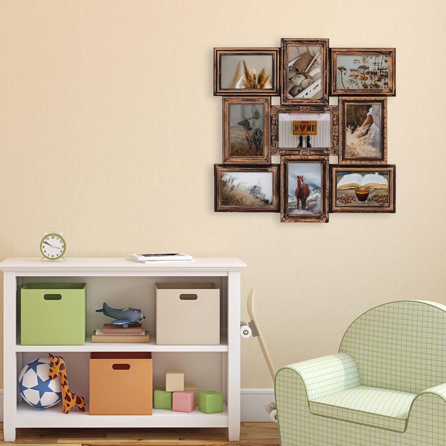 J.M.Deco Picture Frame Sets for Wall, 9 Opening Collage Frame, 6 x 4 With Family Friend's Memory, Rustic Distressed Photo Frame Wall Hanging for 4x6, Gold