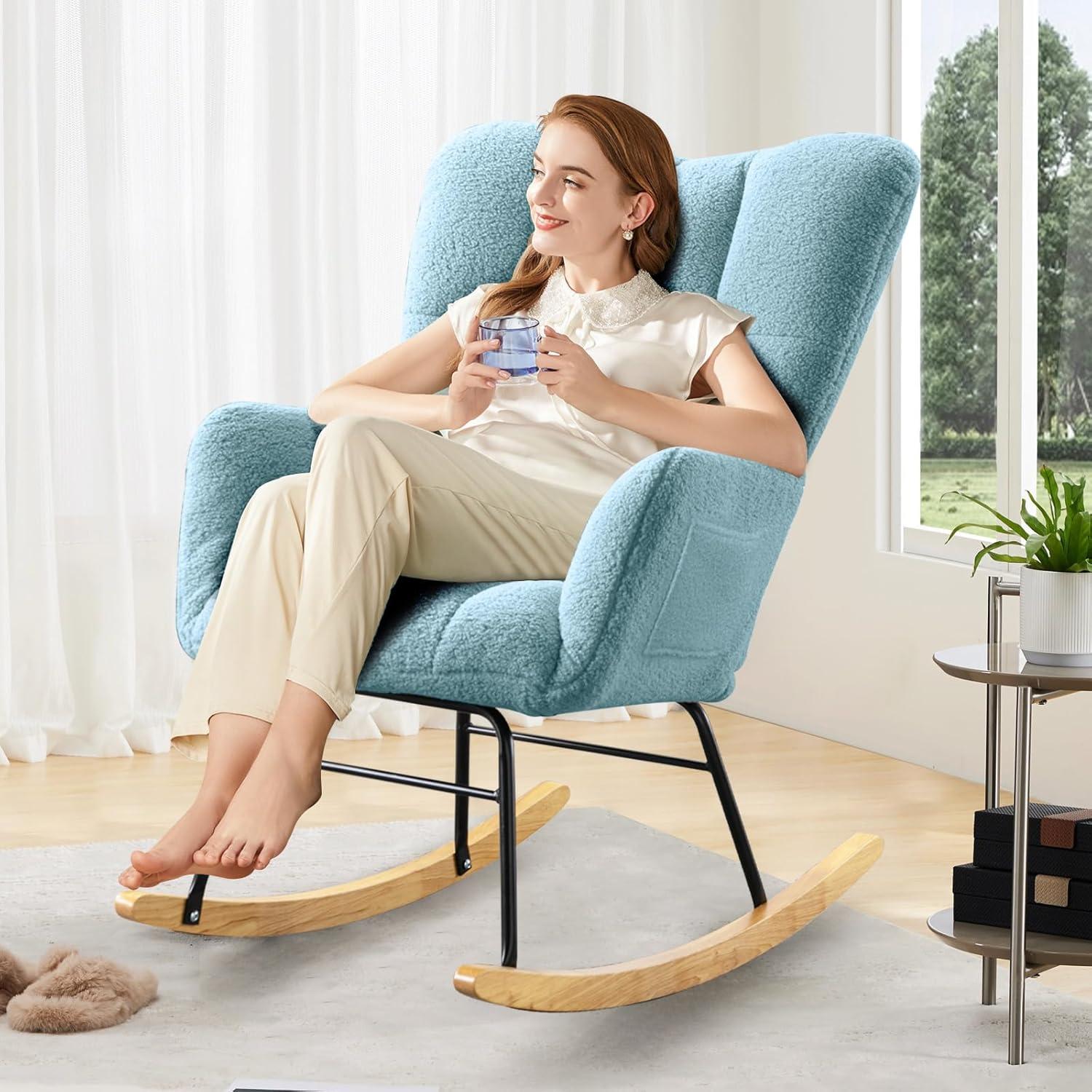 Nursery Rocking Chair Teddy, Upholstered Glider Rocker with High Backrest, Comfortable Stylish Accent Armchair with Padded Seat for Living Rooms, Bedrooms, Offices