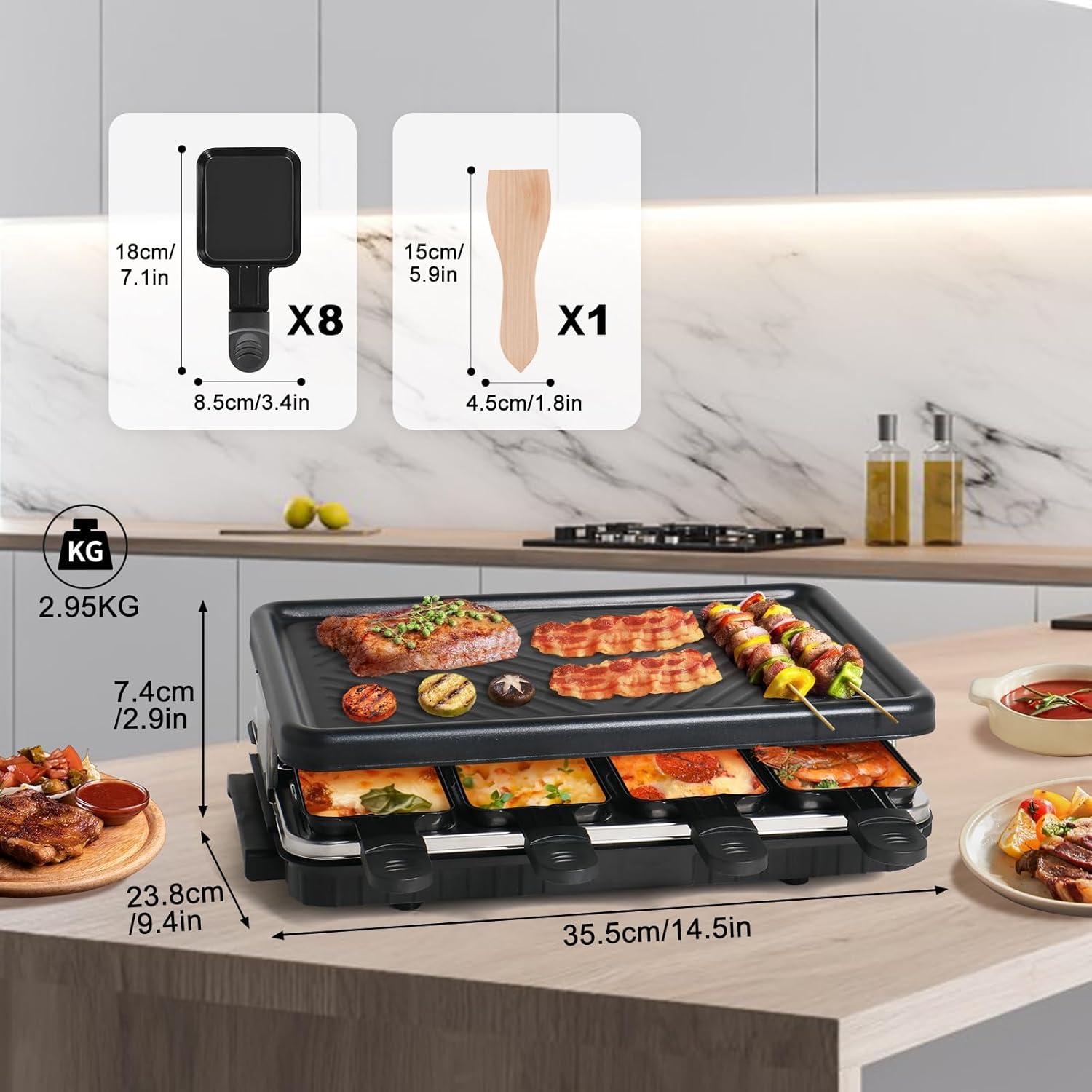 Electric Nonstick Raclette Grill with Temperature Control and 8 Pans