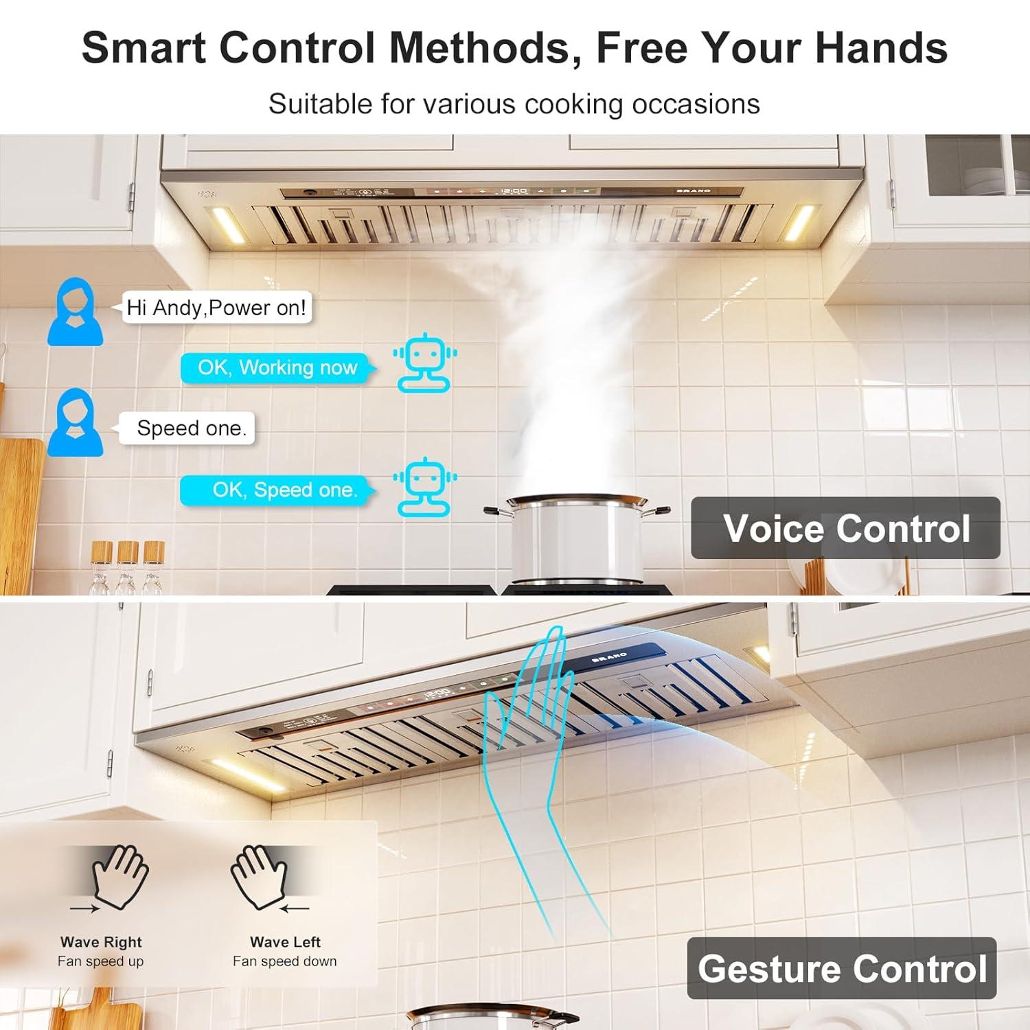 36 in. 900 CFM Convertible Insert Range Hood Stainless Steel with Charcoal Filter Voice/Gesture/Touch Control