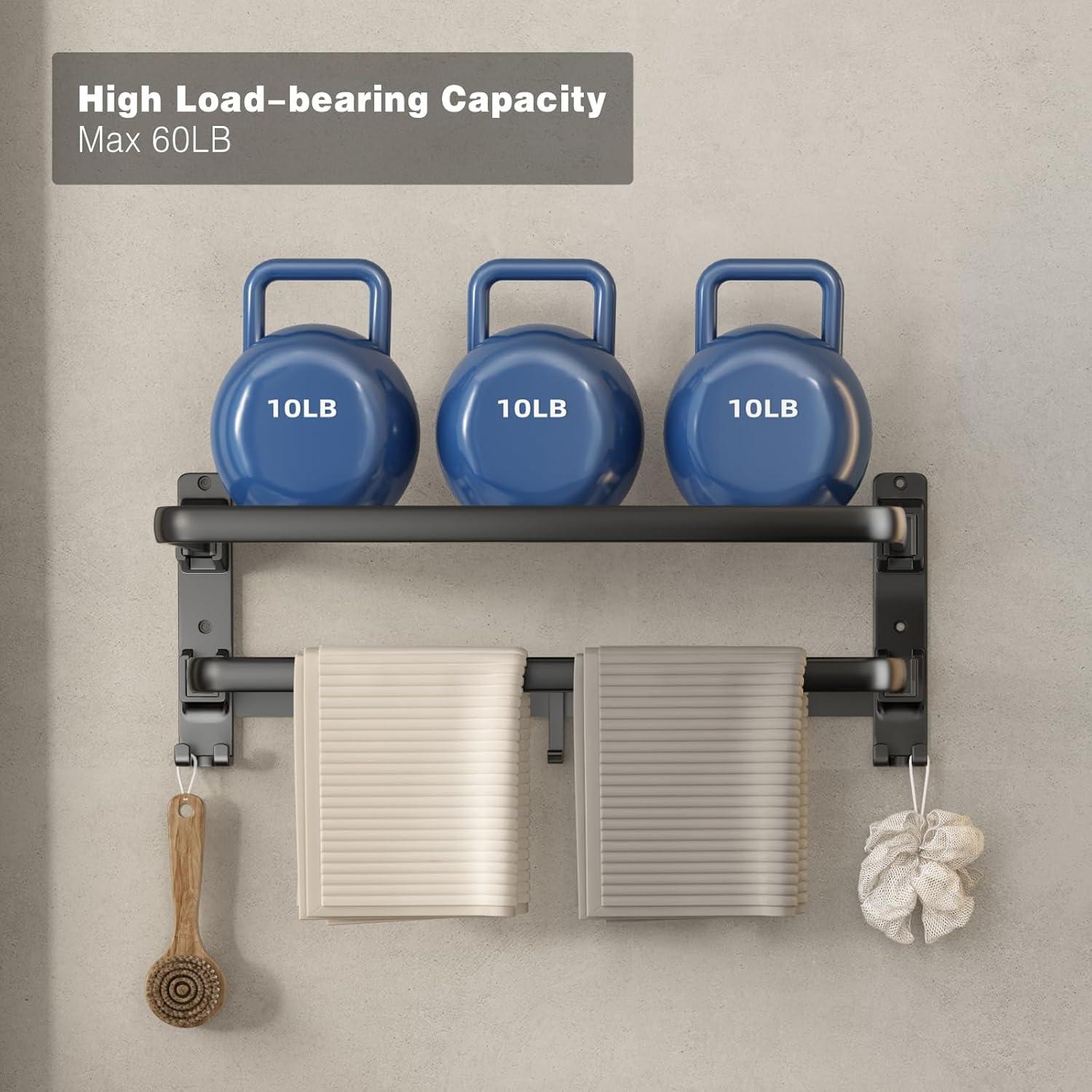 VOLDRA Towel Racks for Bathroom, 24-Inch Towel Shelf with Towel Bar Foldable Towel Holder with 7 Hooks Towel Storage Organizer for Bathroom & Lavatory Wall Mounted(Matte Black)