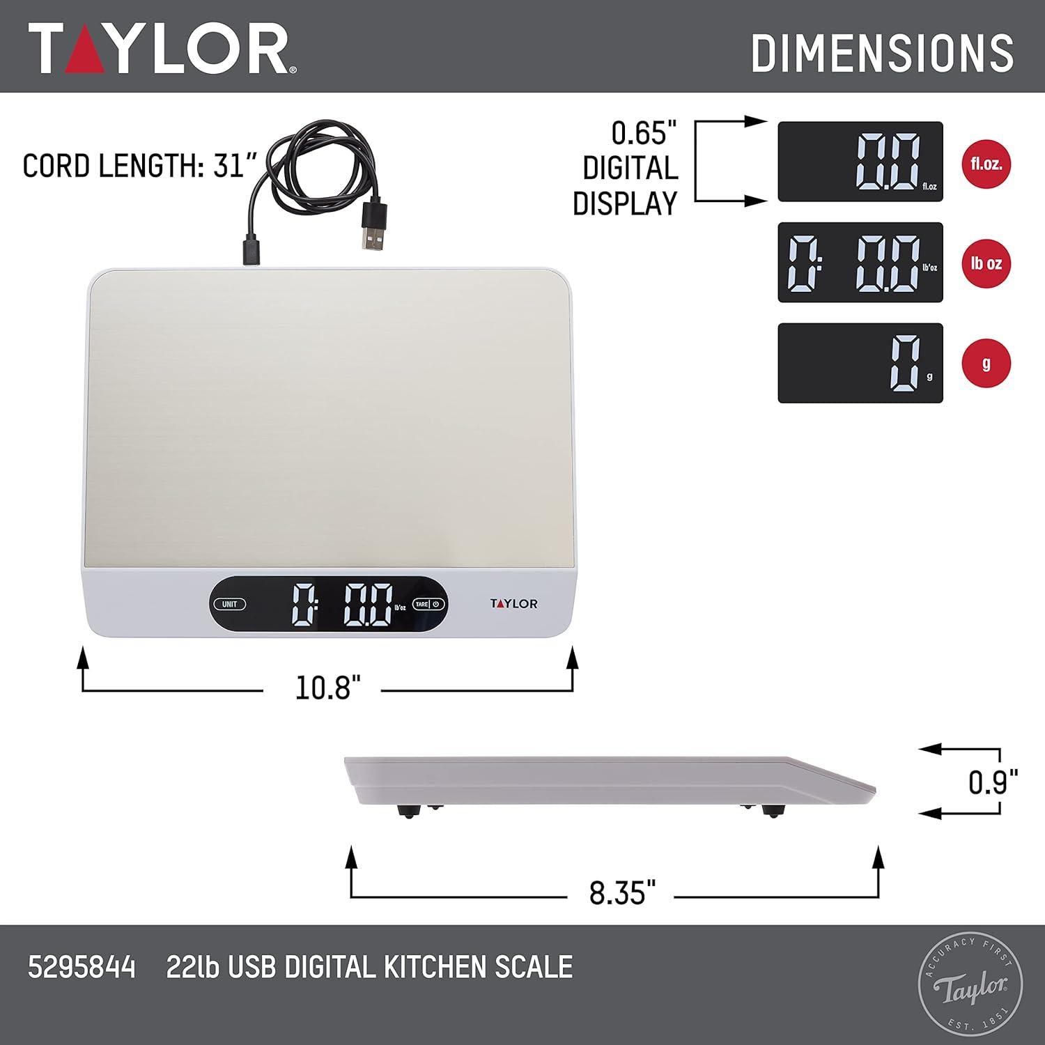 Stainless Steel Digital Kitchen Scale with USB Charging, 22lb Capacity