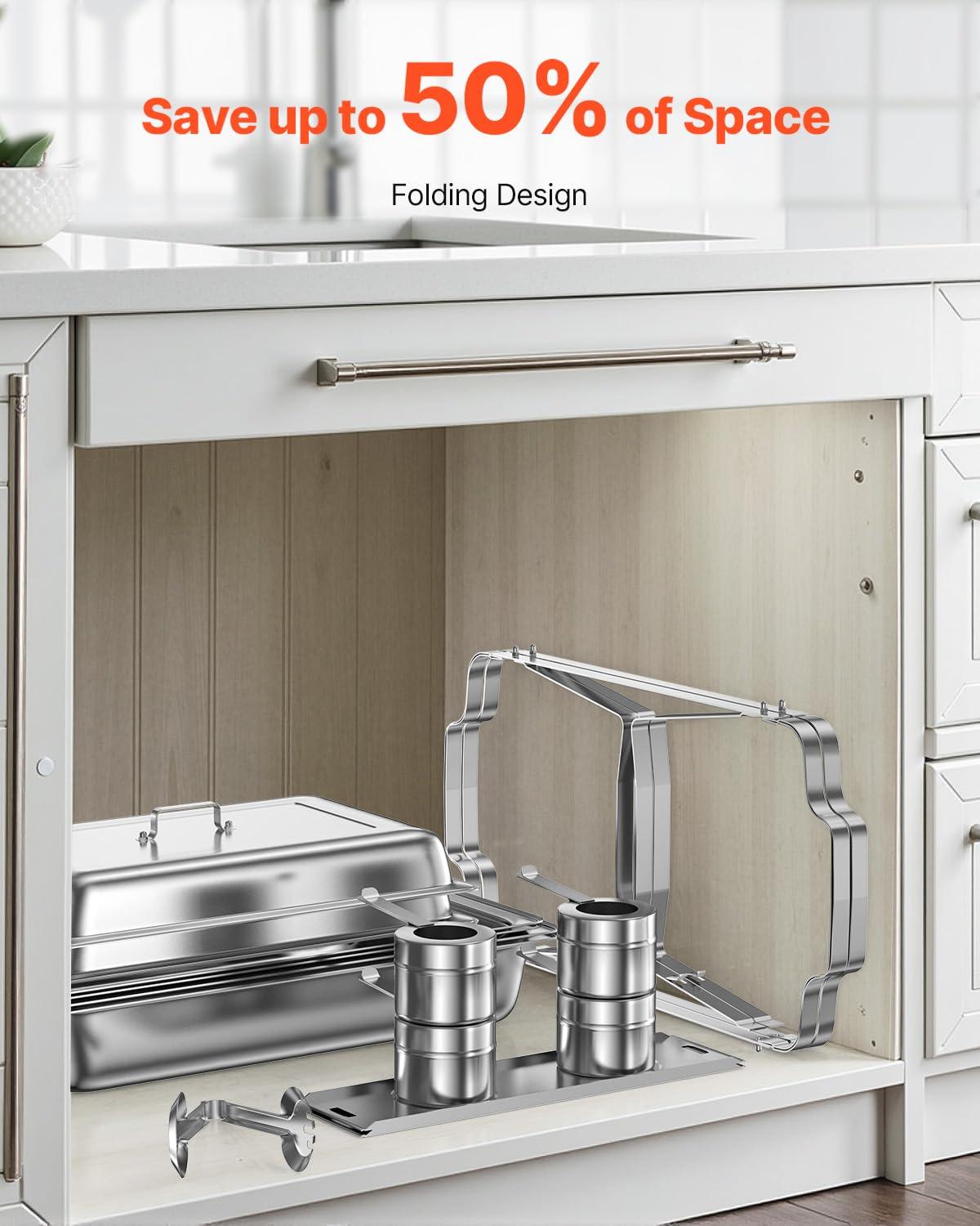 VEVOR Chafing Dish Buffet Set, 8 Qt 2 Pack, Stainless Chafer with 2 Full & 4 Half Size Pans, Rectangle Catering Warmer Server with Lid Water Pan Folding Stand Fuel Tray Holder Clip