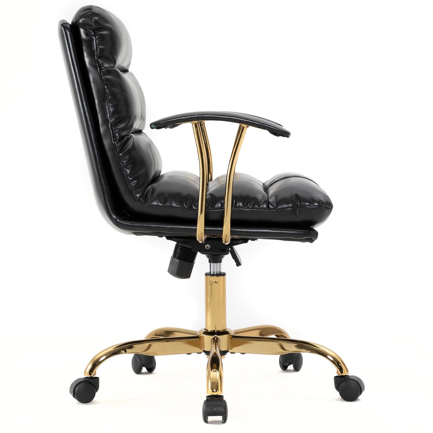 LeisureMod Regina Single Ergonomic Padded Leather Lumbar Support Adjustable Height Swivel Executive Office Chair with Gold Steel Frame