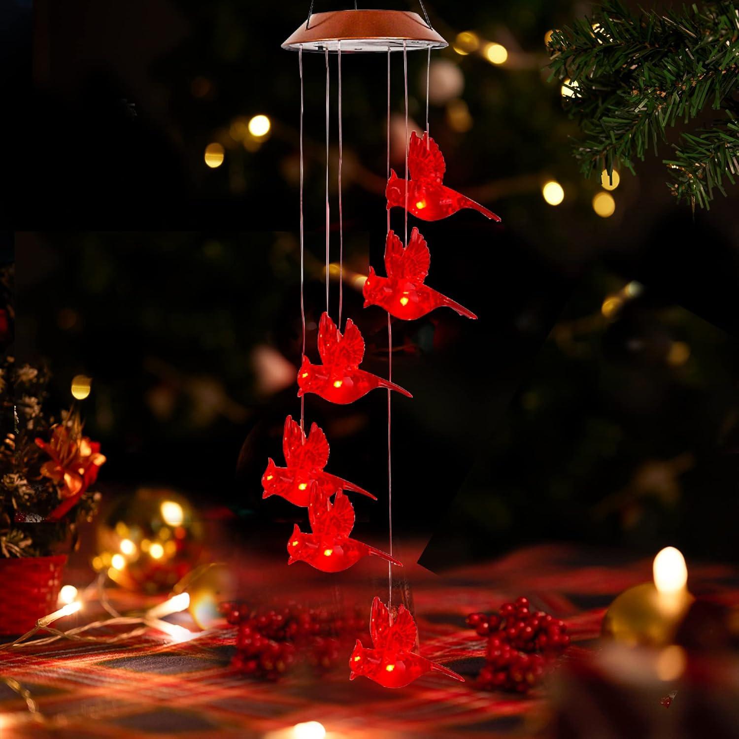 Solar-Powered Red Bird Wind Chimes with LED Lights