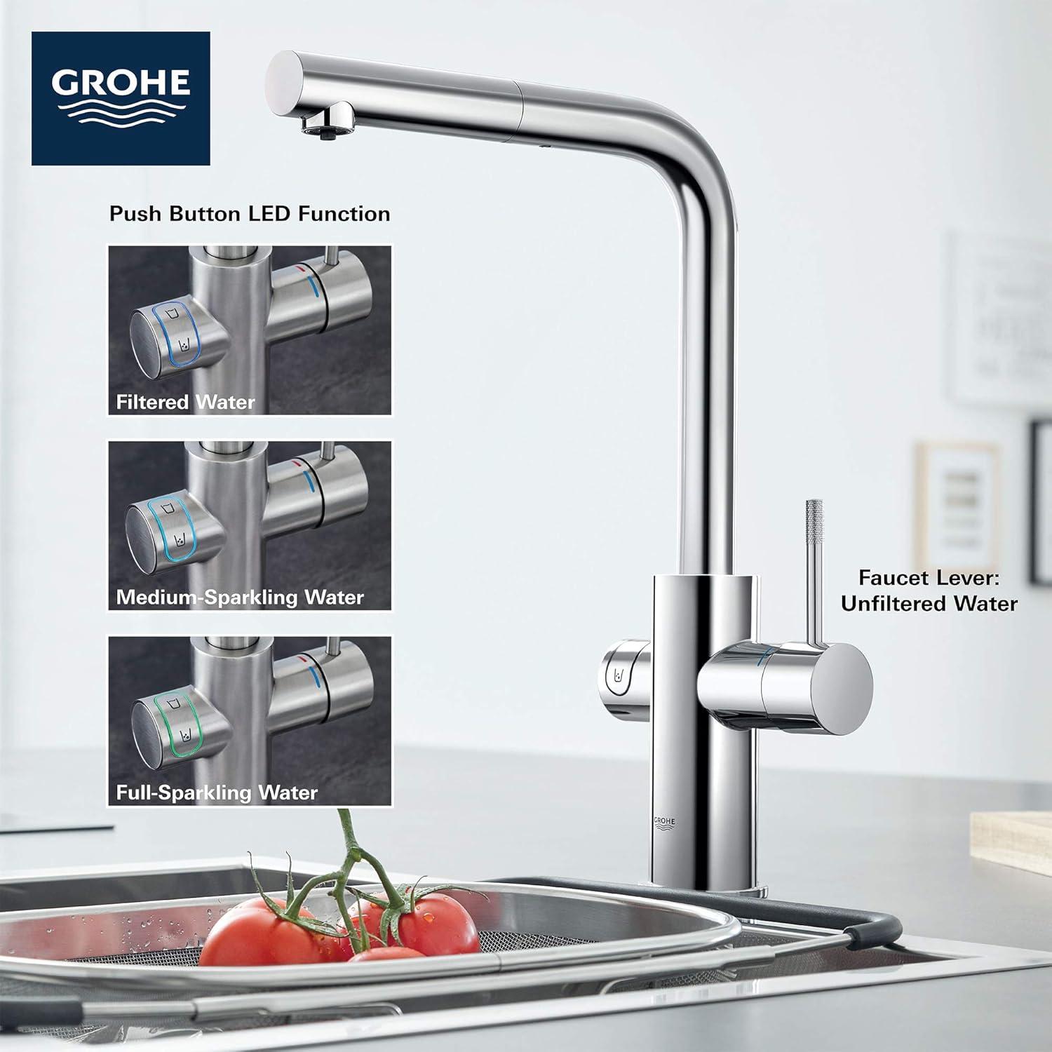 Grohe 31 608 2 Blue 1.75 GPM Single Hole Pull Out Kitchen Faucet For Chilled And Sparkling