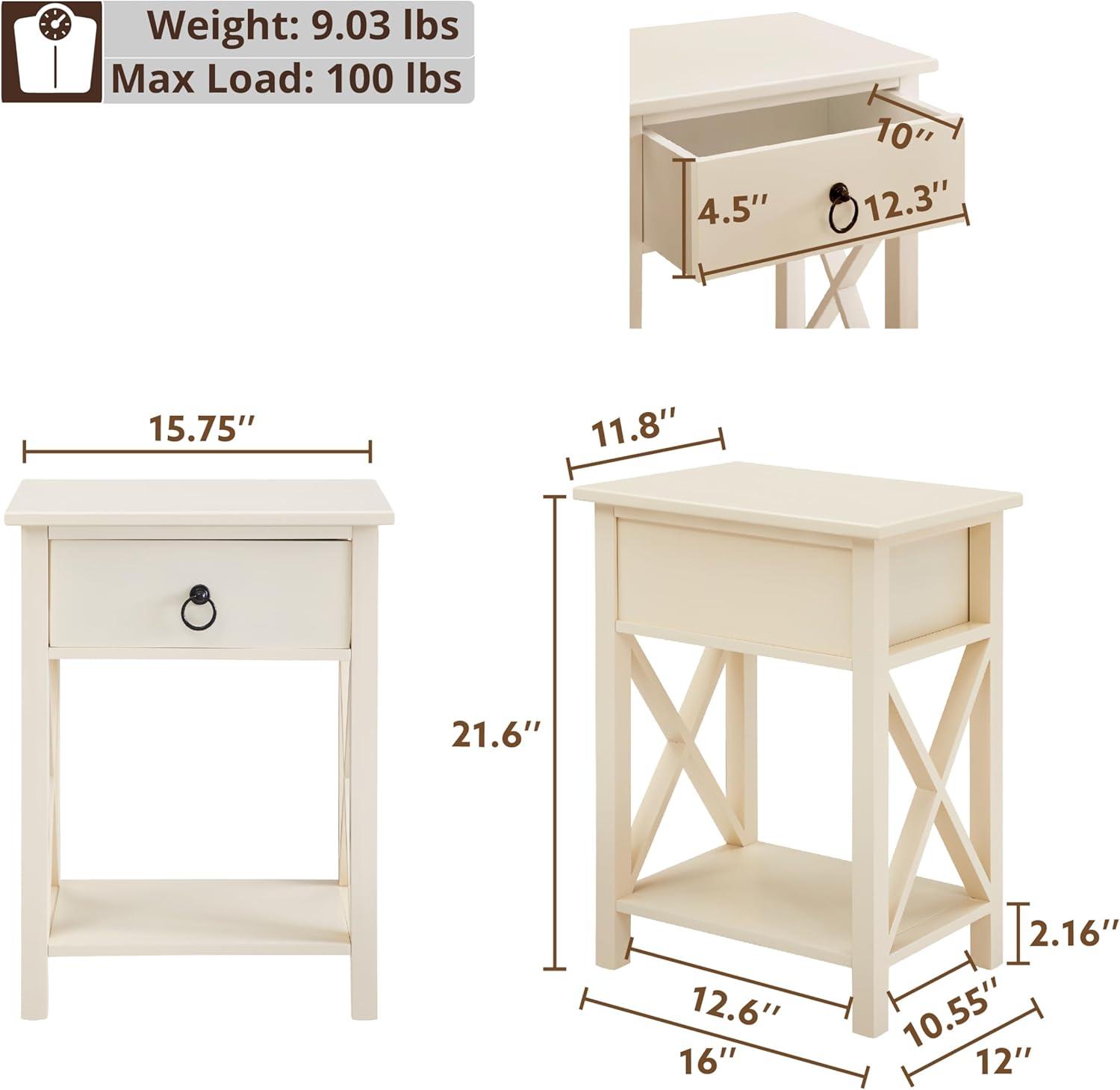 Cream Solid Wood Nightstand with Drawer and Shelf