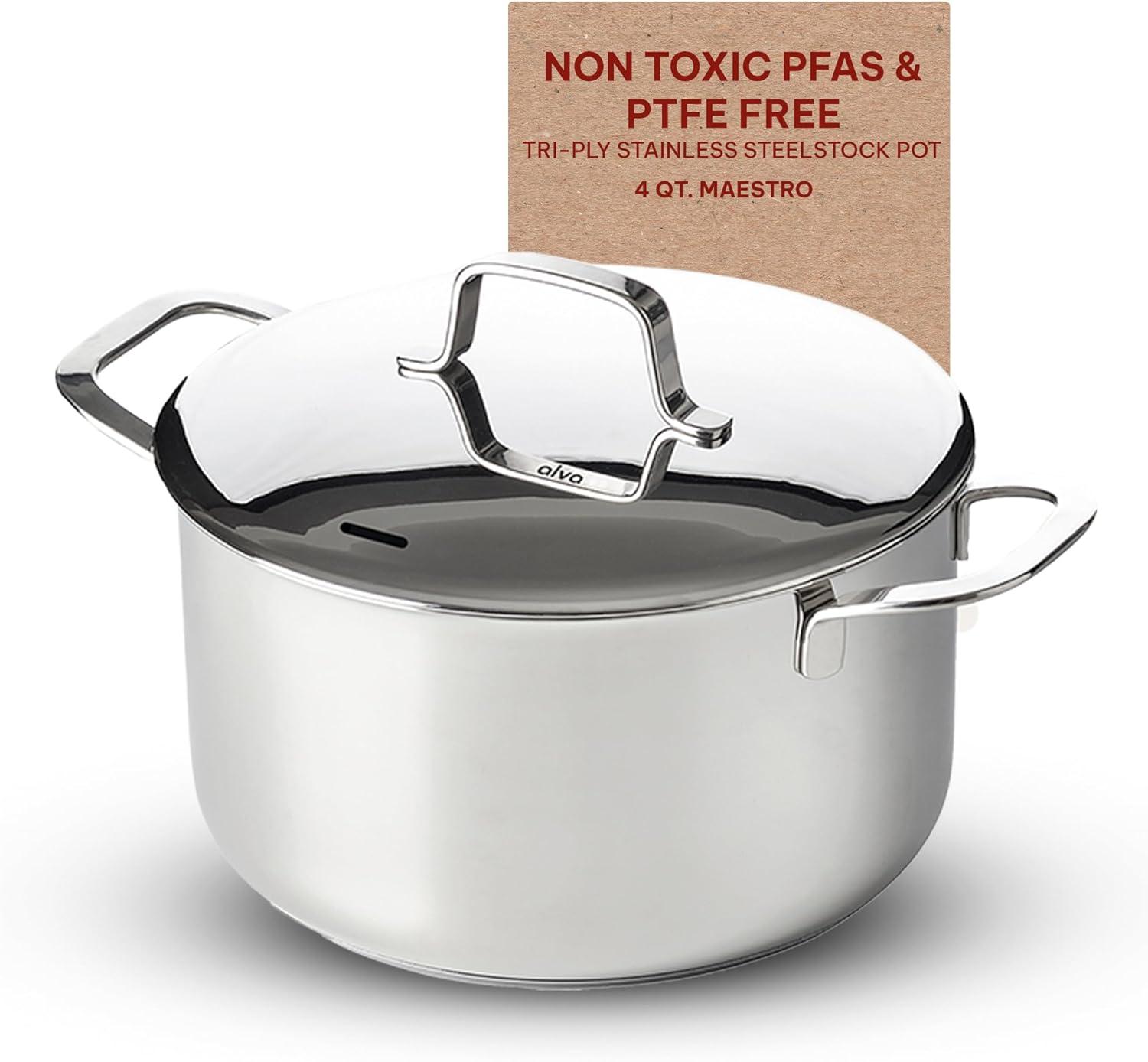 Alva Maestro Stainless Steel Casserole Dish Pot with Lid Non Toxic Soup & Stock Pot PFAS, PFOA & PFTE Free, Kitchen Pot, Pasta Pot, Canning Pot, Induction Safe, Add to Your Pots and Pans Set