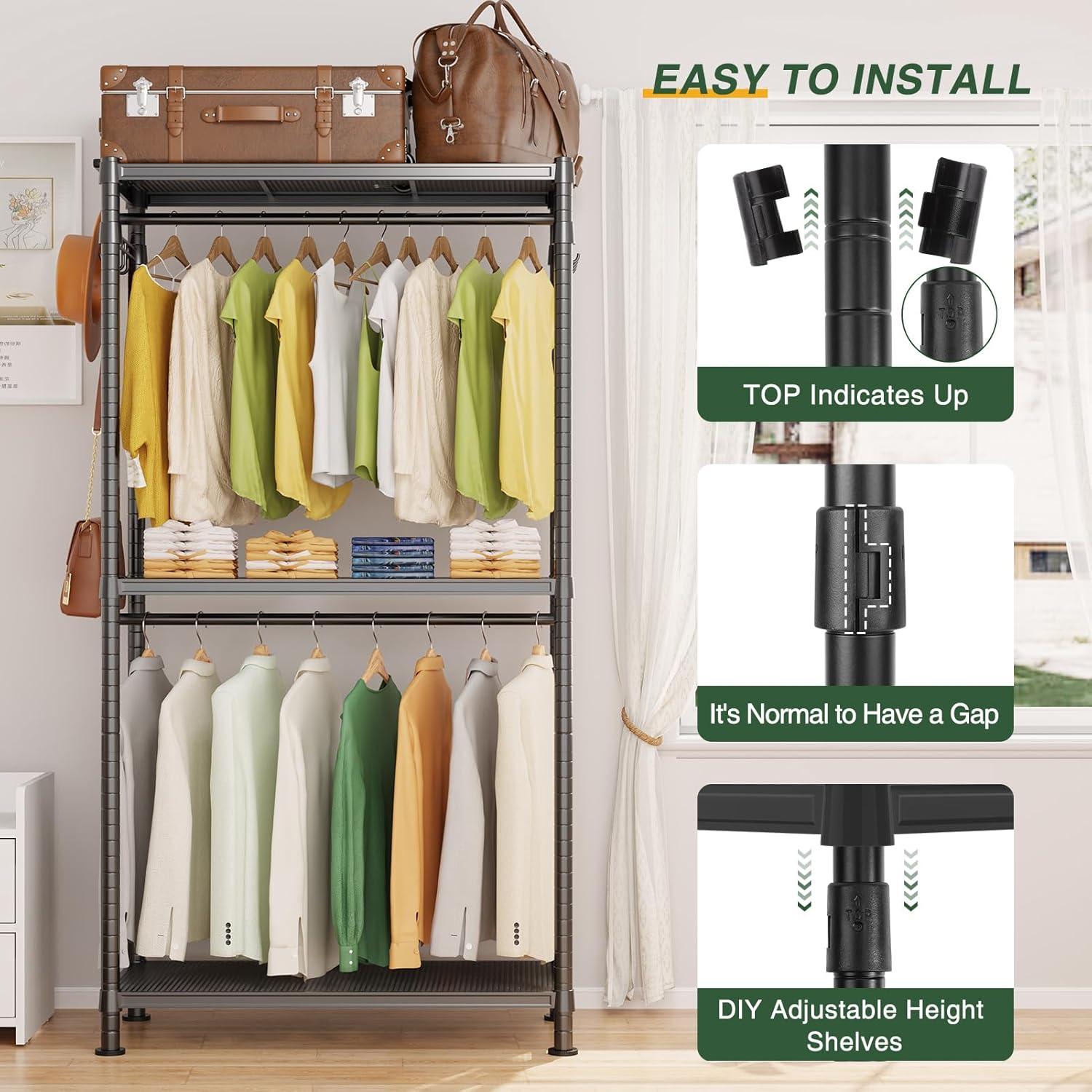LEHOM G1L 3 Tiers Garment Rack with Storage Shelves, Heavy Duty Rolling Free-Standing Clothing Rack Closet Organizer with Double Rods/Lockable Wheels & 2 Pairs Side Hooks, Max Load 450 LBS, Black