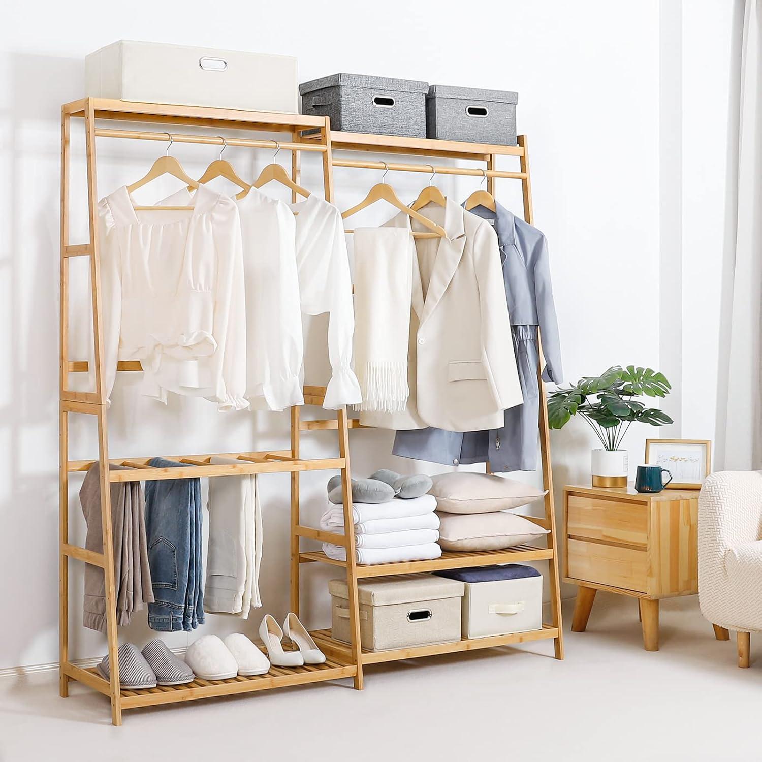 TELOVIN Bamboo Clothes Rack Heavy Duty Garment Racks For Hanging Clothes, Max Load 440Lbs, Freestanding Clothing Rack Closet With 6 Shelves
