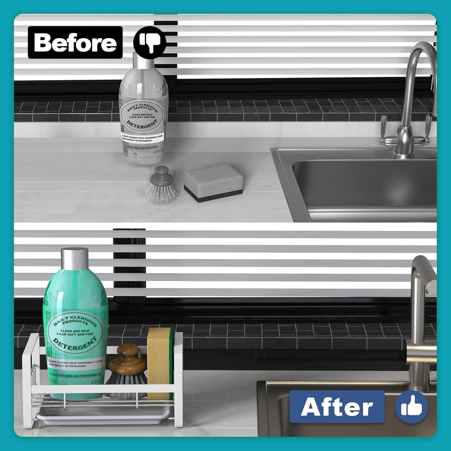 VANTEN Kitchen Sink Caddy - Silver Sink Organizer, Sponge/Soap Dish Dispenser with Brush Holder, Adhesive/Countertop Mount