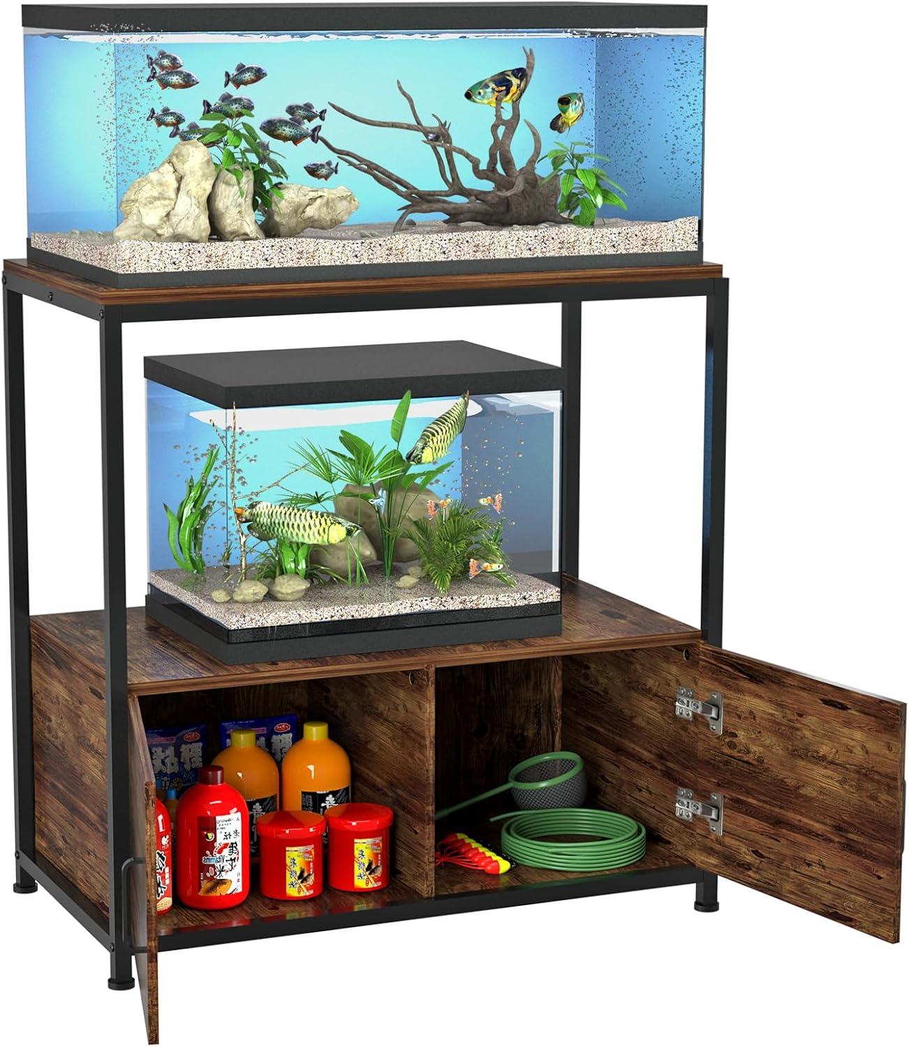 Rustic Brown Metal and Wood Fish Tank Stand with Storage Cabinet