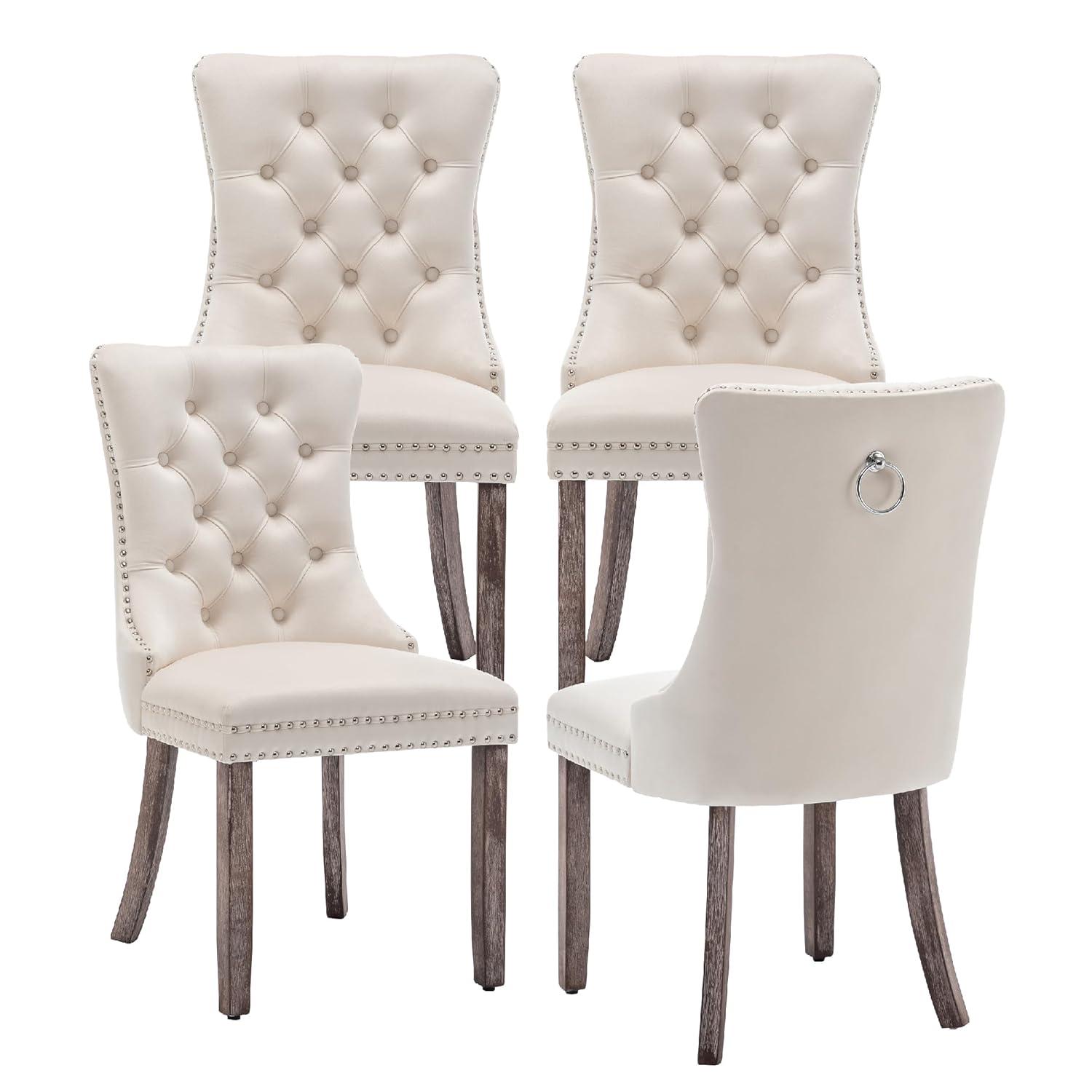 SoarFlash Velvet Dining Chairs Set of 4, Tall Back Side Chair, Modern Upholstered High-end Tufted Side Chair with Button Back Ring, Solid Wood Legs (Beige)