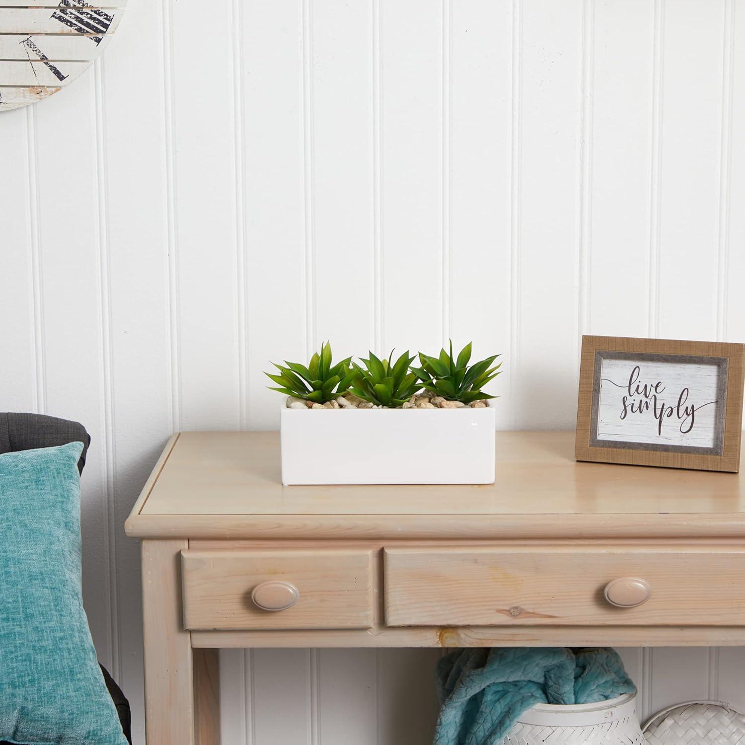 7'' Green Faux Agave Succulent in White Ceramic Planter