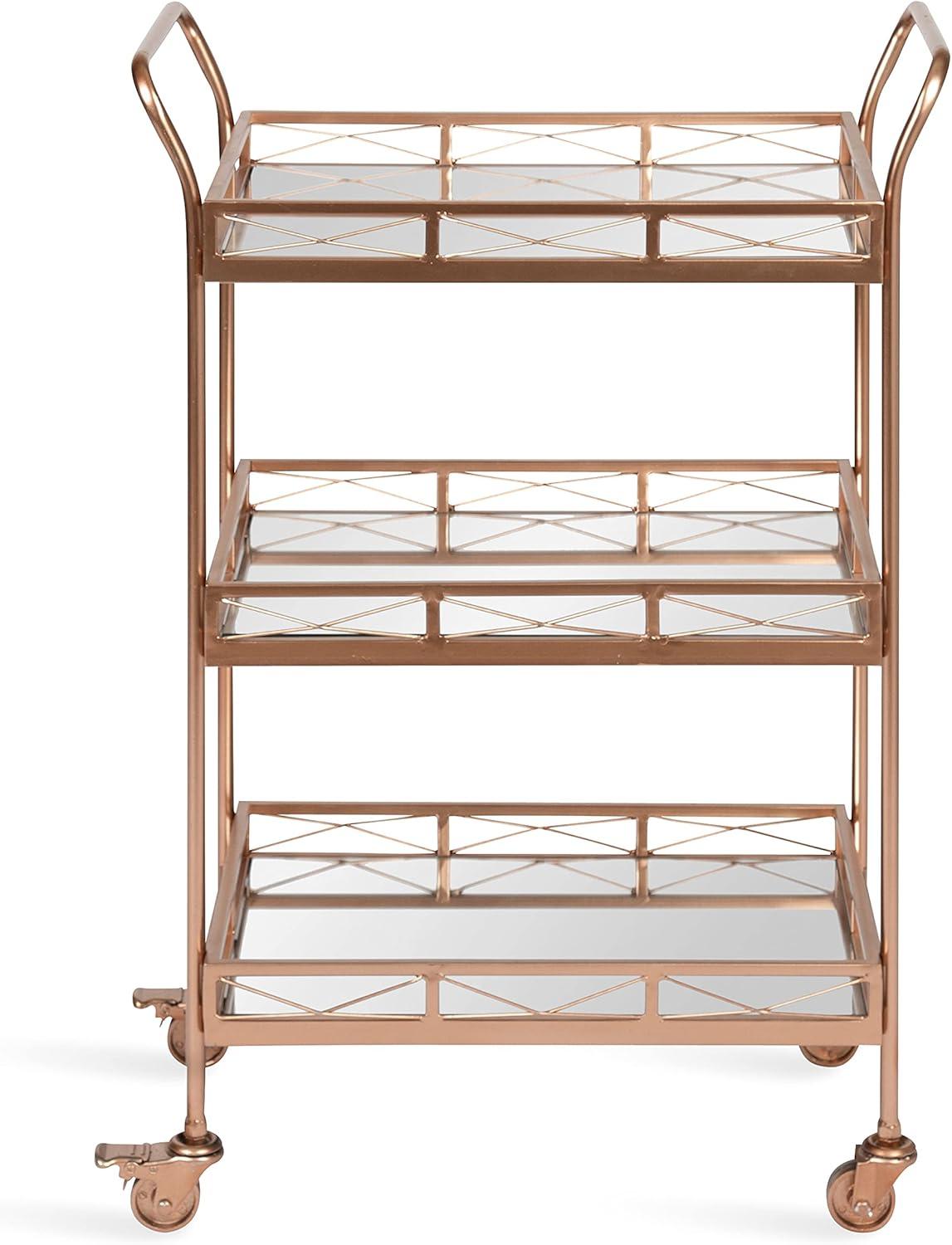 Elegant Rose Gold Metal Bar Cart with Mirrored Tiers and Locking Wheels