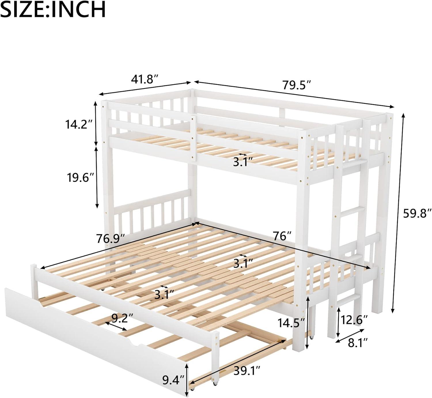 DreamBuck, Twin over Pull-out Bunk Bed with Trundle, Solid Wood Twin Over Twin/King Bunk Bed, Extendable Bunk Beds with Ladder and Safety Rail, Thicken Wooden Bunkbed, Accommodate 4 People, White