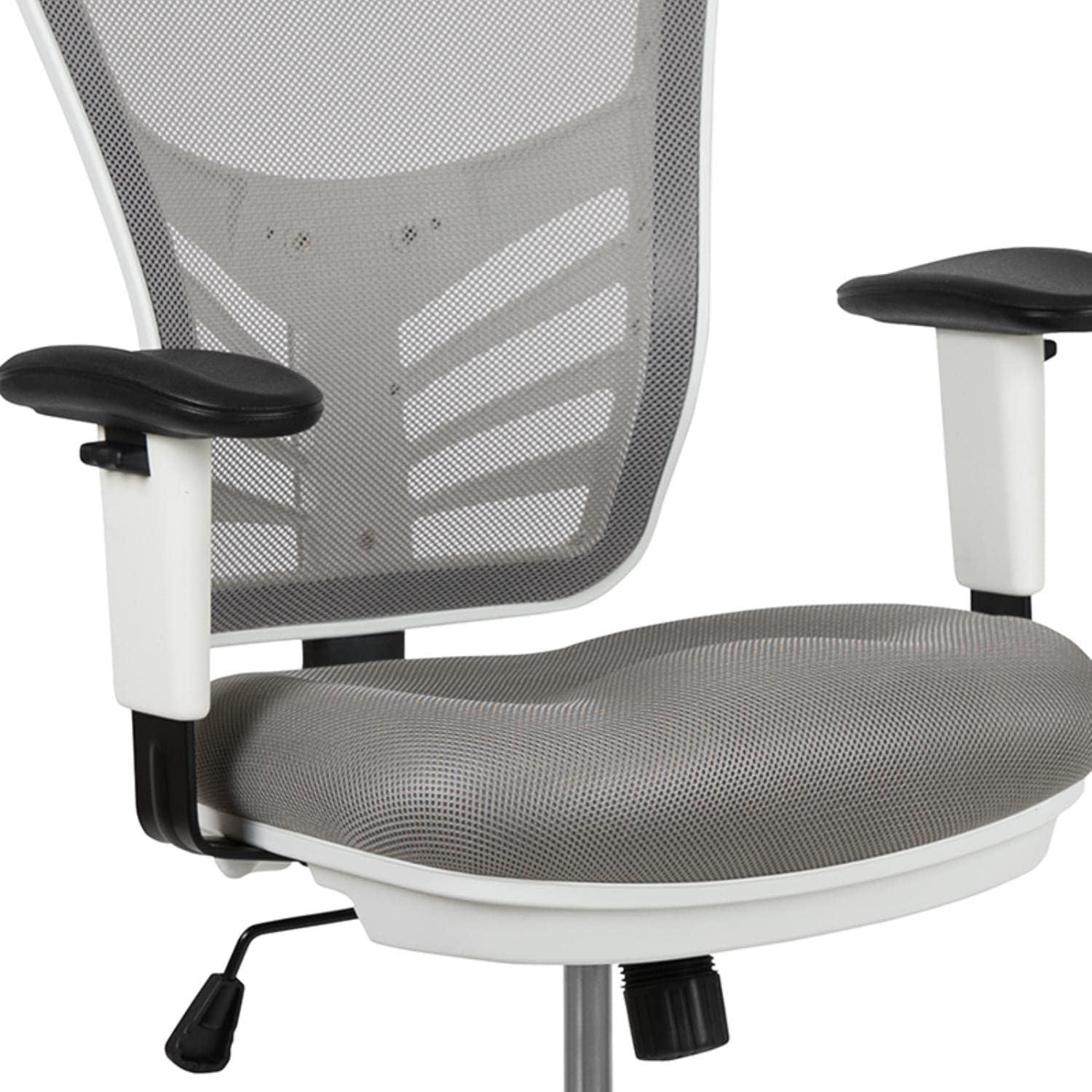 ErgoFlex Light Gray Mesh Drafting Chair with White Frame and Chrome Accents