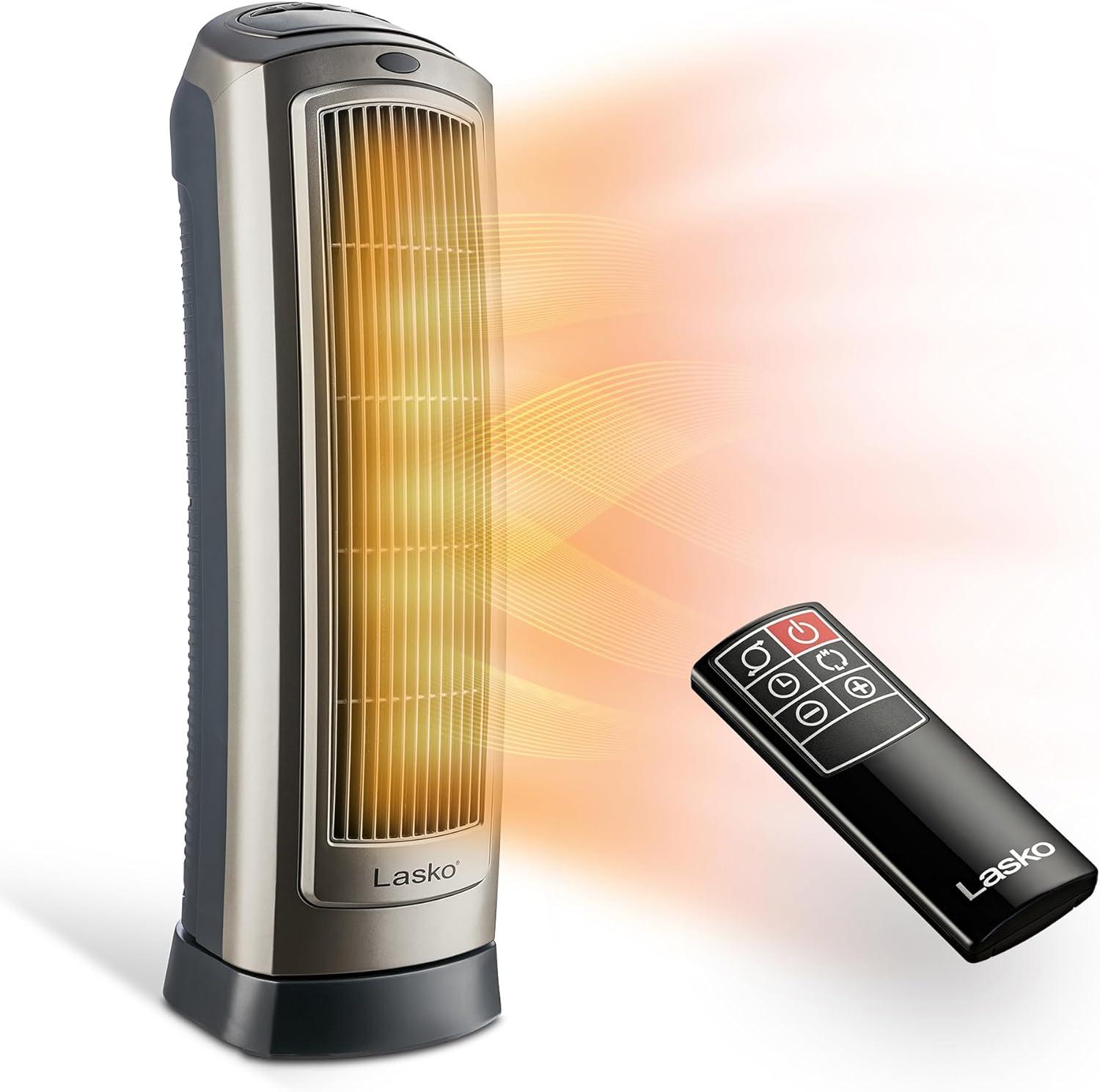 23" Gray and Black Ceramic Electric Tower Heater with Thermostat