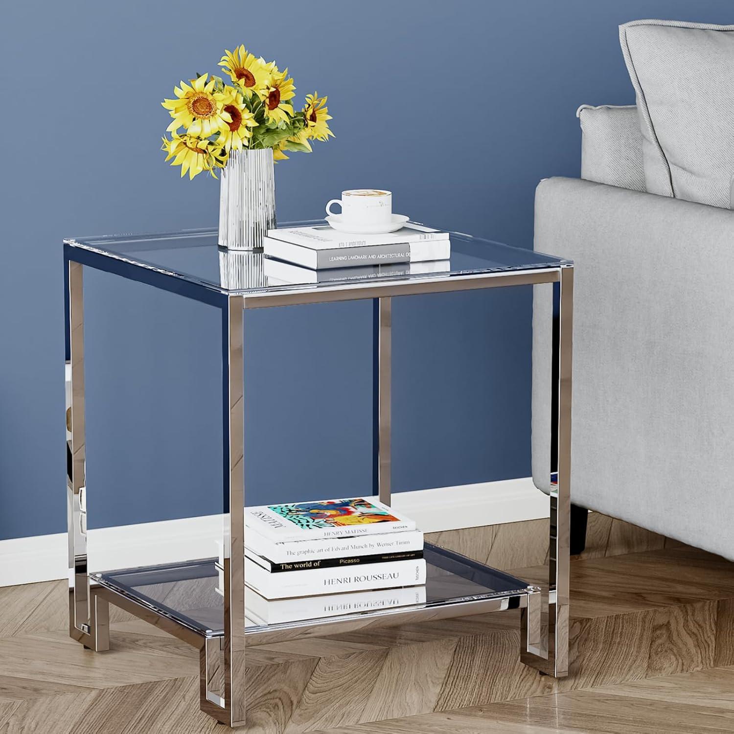 Silver Chrome and Glass 2-Tier Rectangular End Table