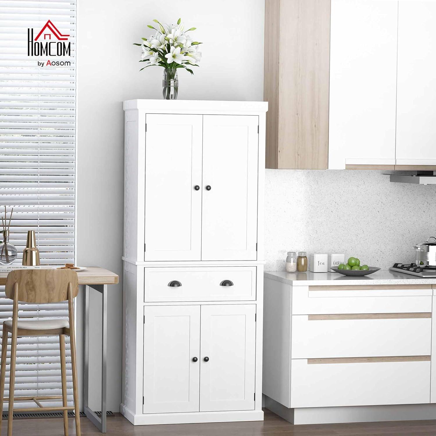 HOMCOM 72.5" Traditional Freestanding Kitchen Pantry Cupboard with 2 Cabinet, Drawer and Adjustable Shelves, White