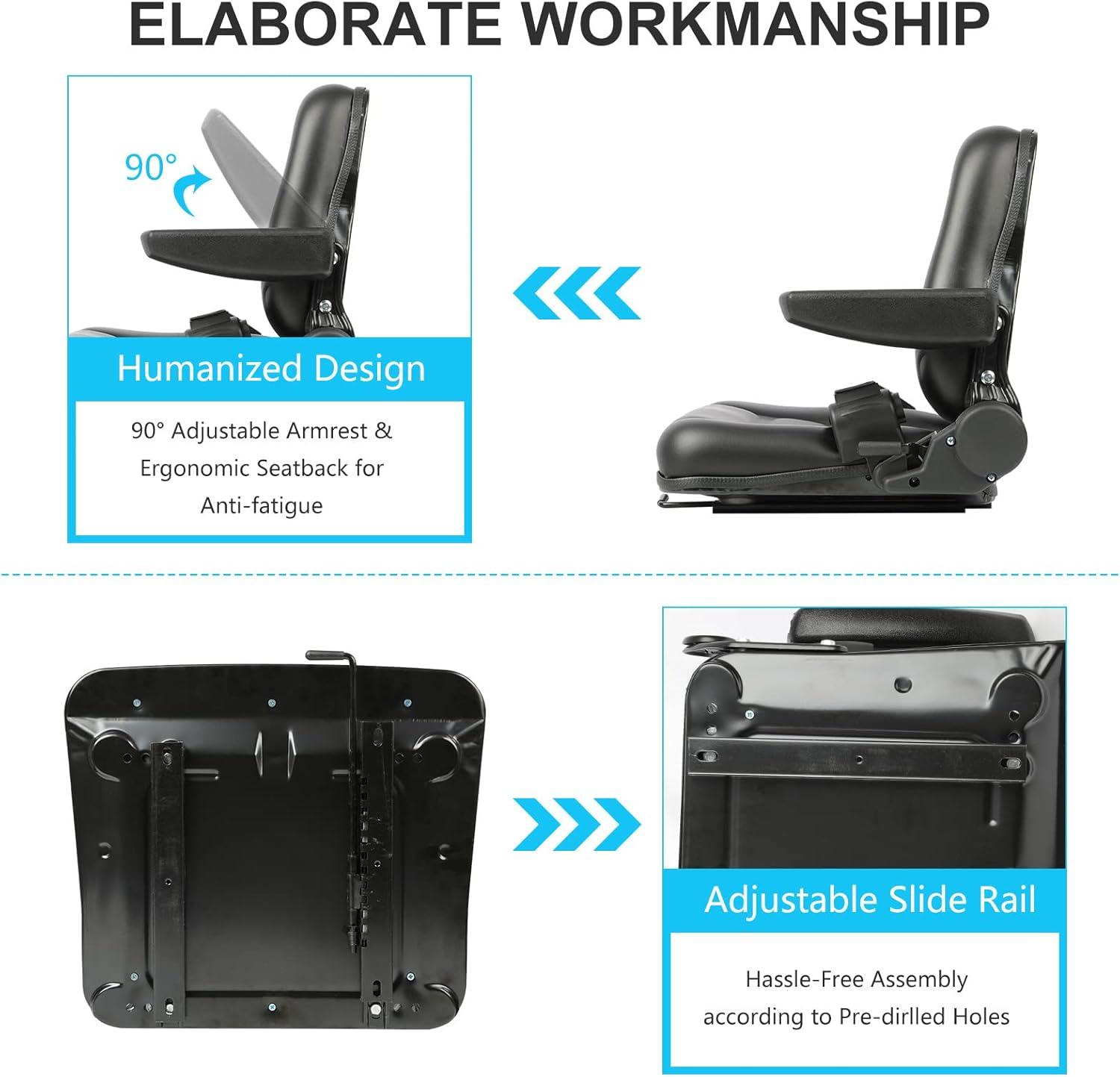 Black Adjustable PVC Forklift and Tractor Seat with Armrests