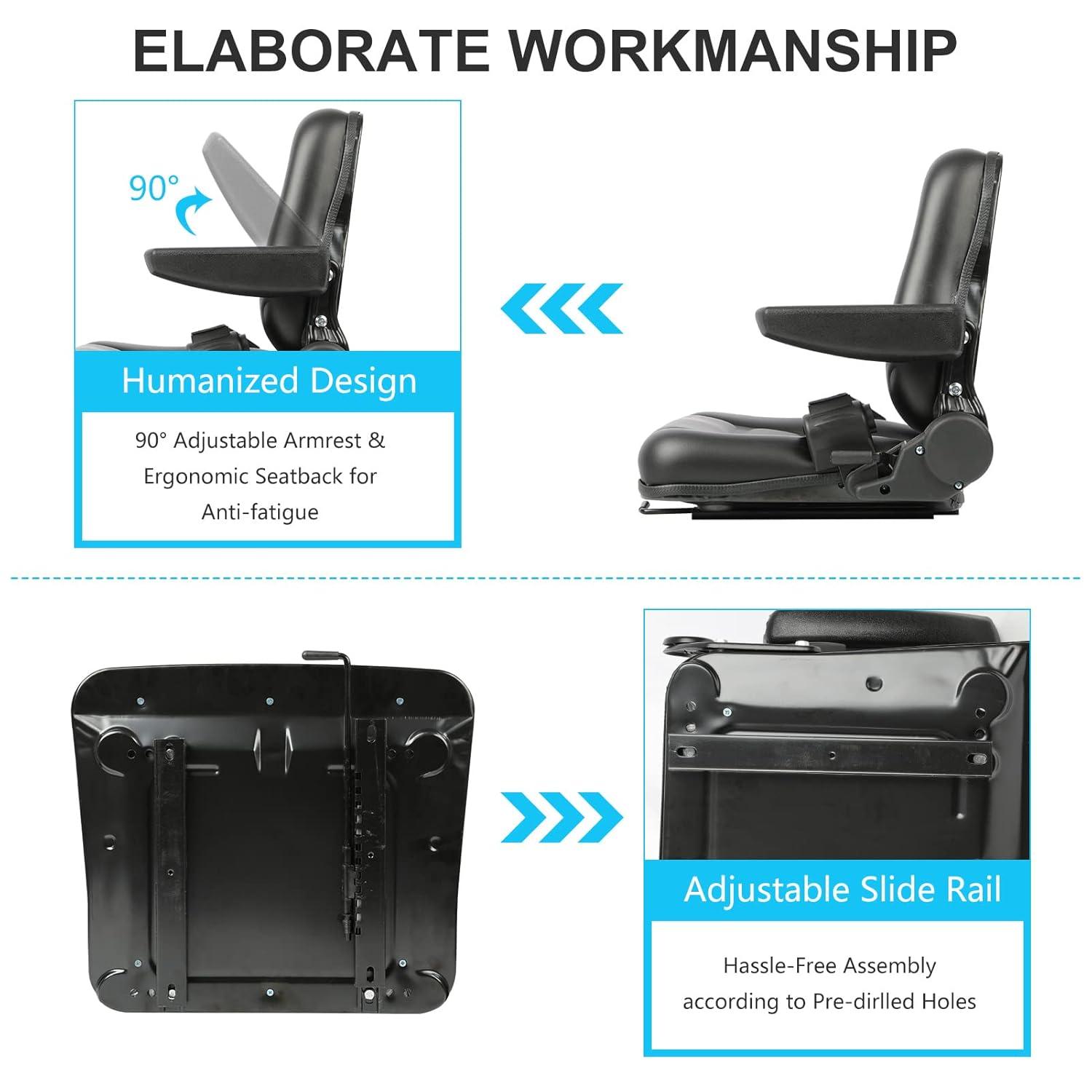 Black Adjustable PVC Forklift and Tractor Seat with Armrests