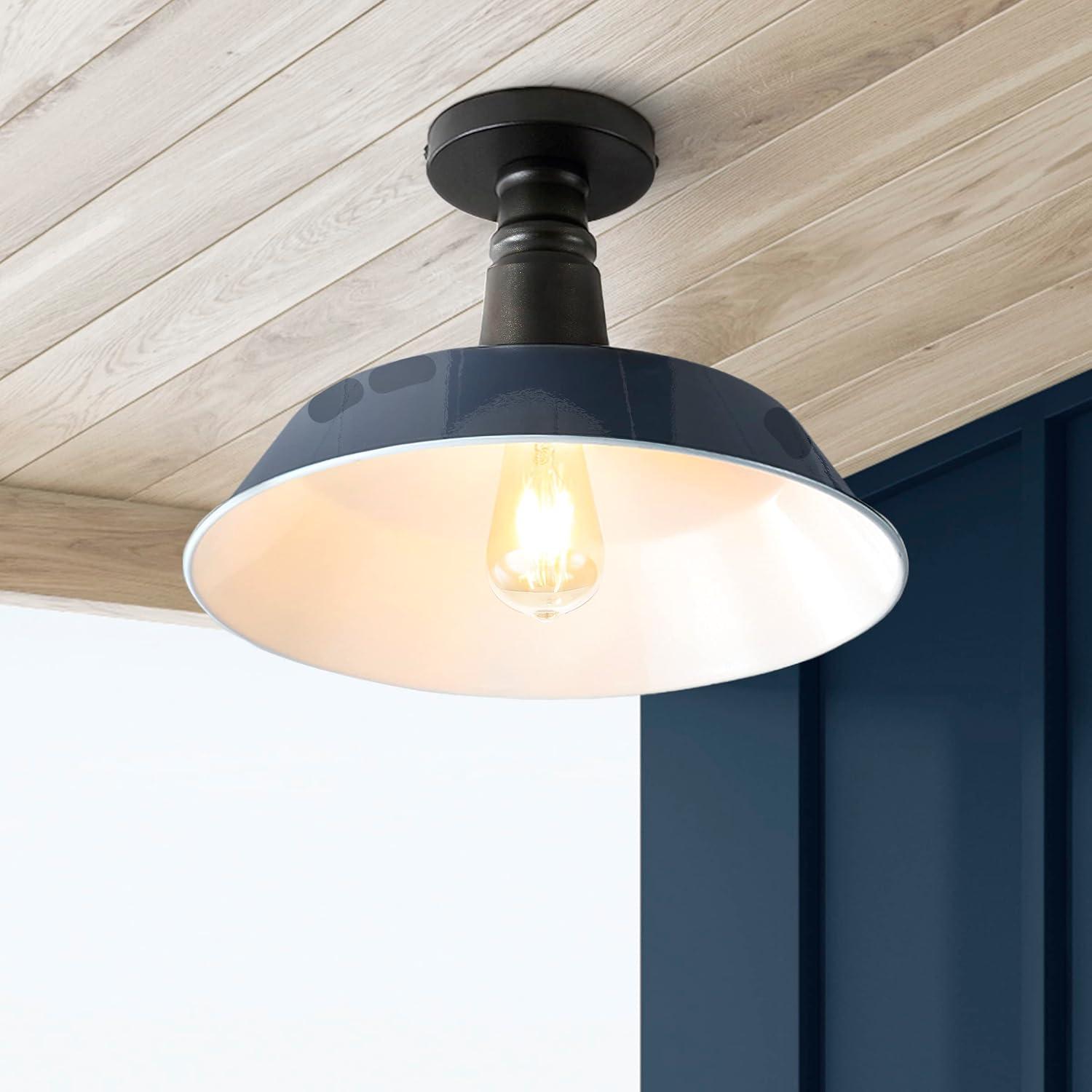 JONATHAN Y JYL7617C Camila 14" 1-Light Classic Industrial Indoor/Outdoor Iron LED Semi Flush Mount Mid-Century, Rustic 2700K Cozy Warm Light Kitchen Hallway Bathroom Stairwell, Navy/White