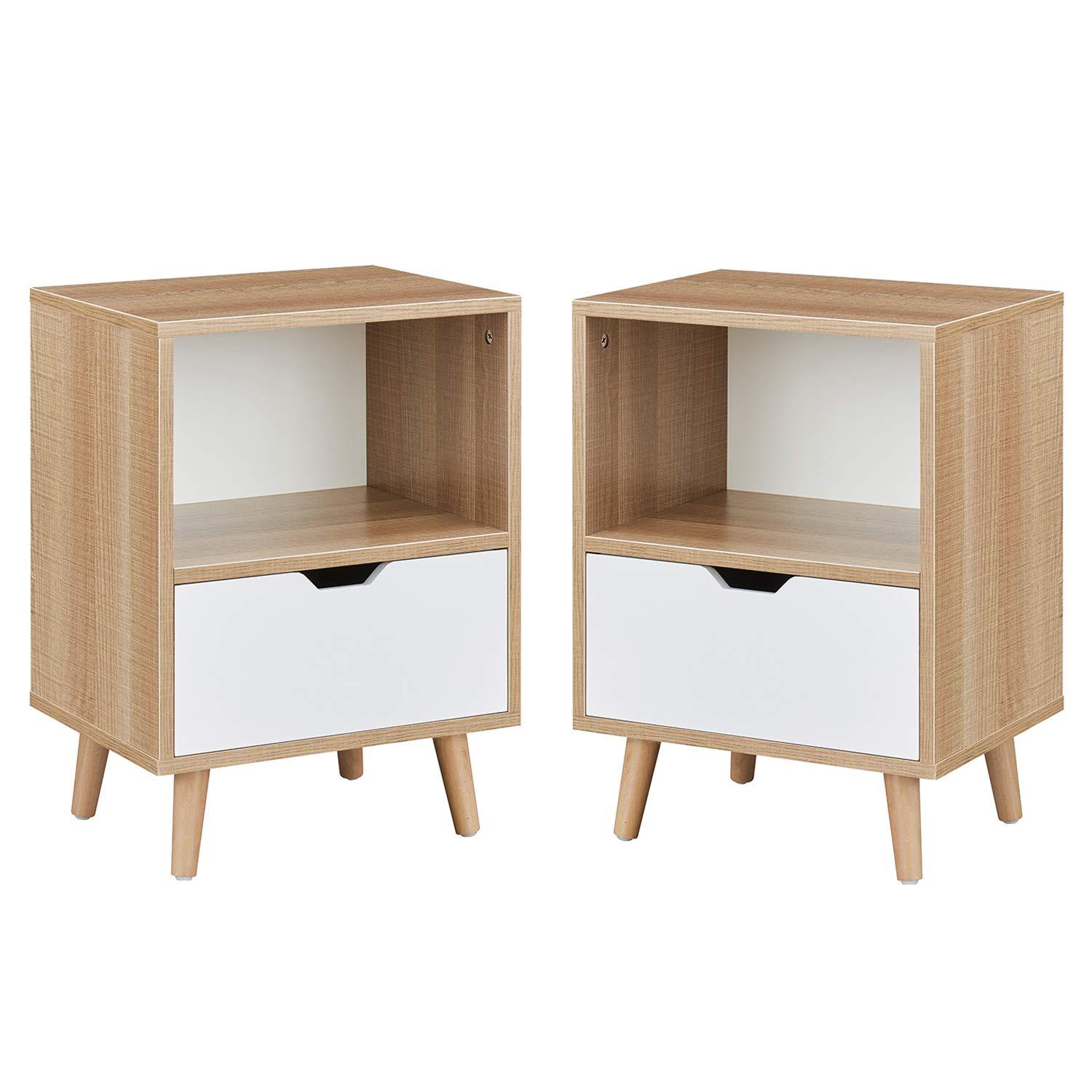 Sweetgo Modern Wooden Bedroom 2-Tier Nightstand End Side Table with Open Shelf, 4 Anti-Slip Rubber Padded Legs, & 1 Storage Drawer, Tan, Set of 2