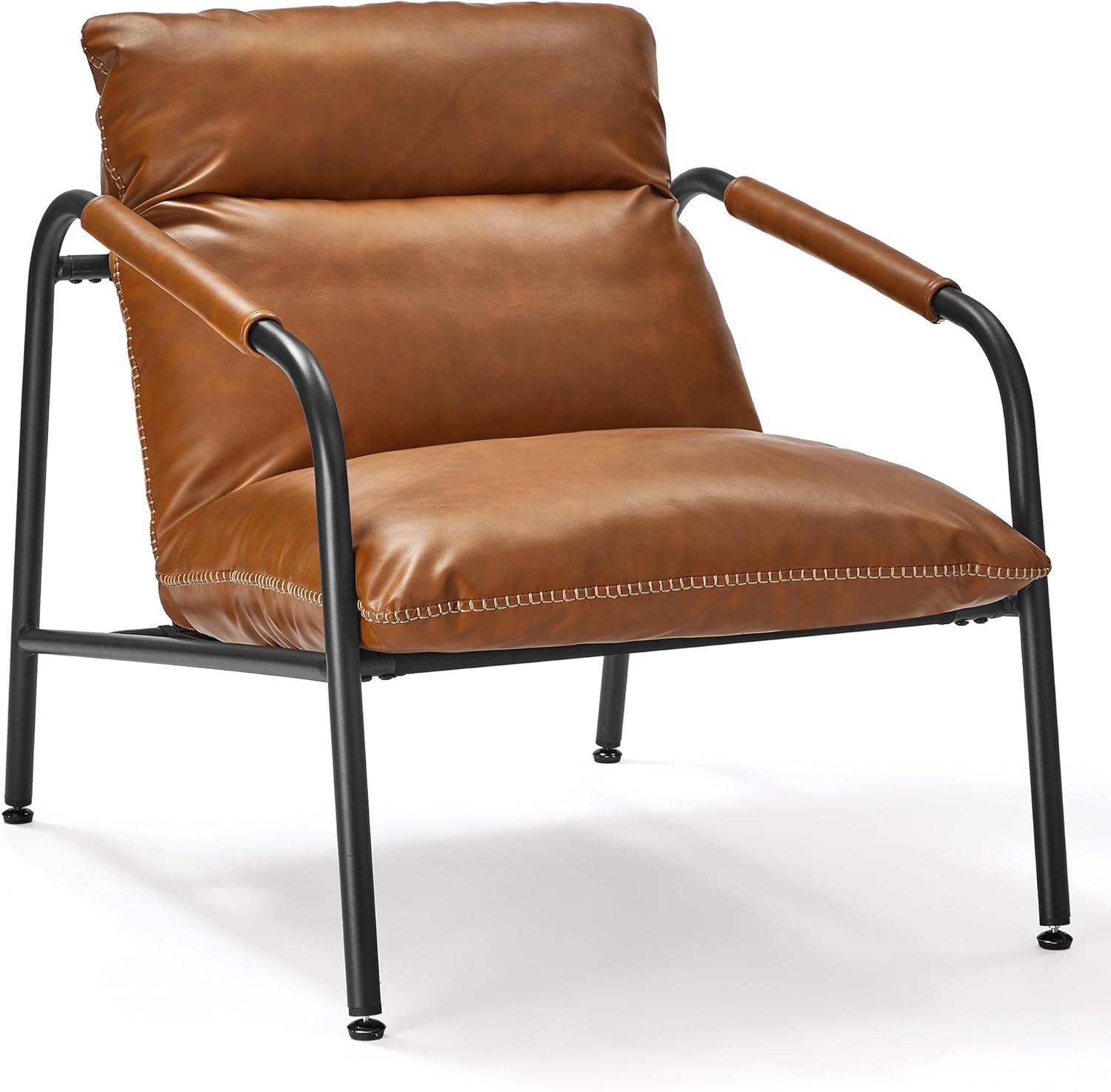 Caramel Brown Faux Leather and Metal Accent Chair