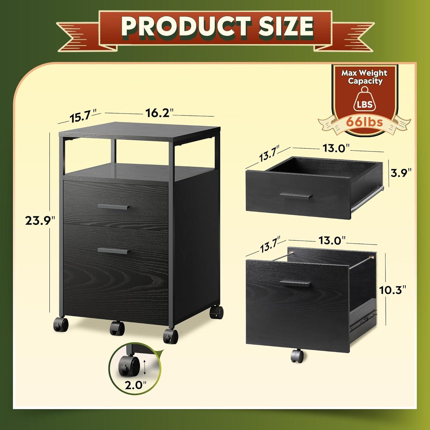 Black Wood 2-Drawer Mobile File Cabinet with Open Shelf