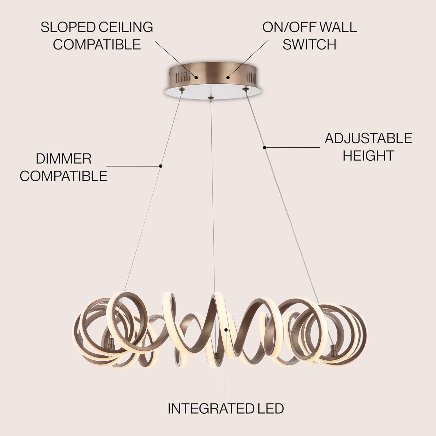 Cursive 24" Adjustable Spiral Integrated LED Metal Chandelier Ceiling Light, Coffee